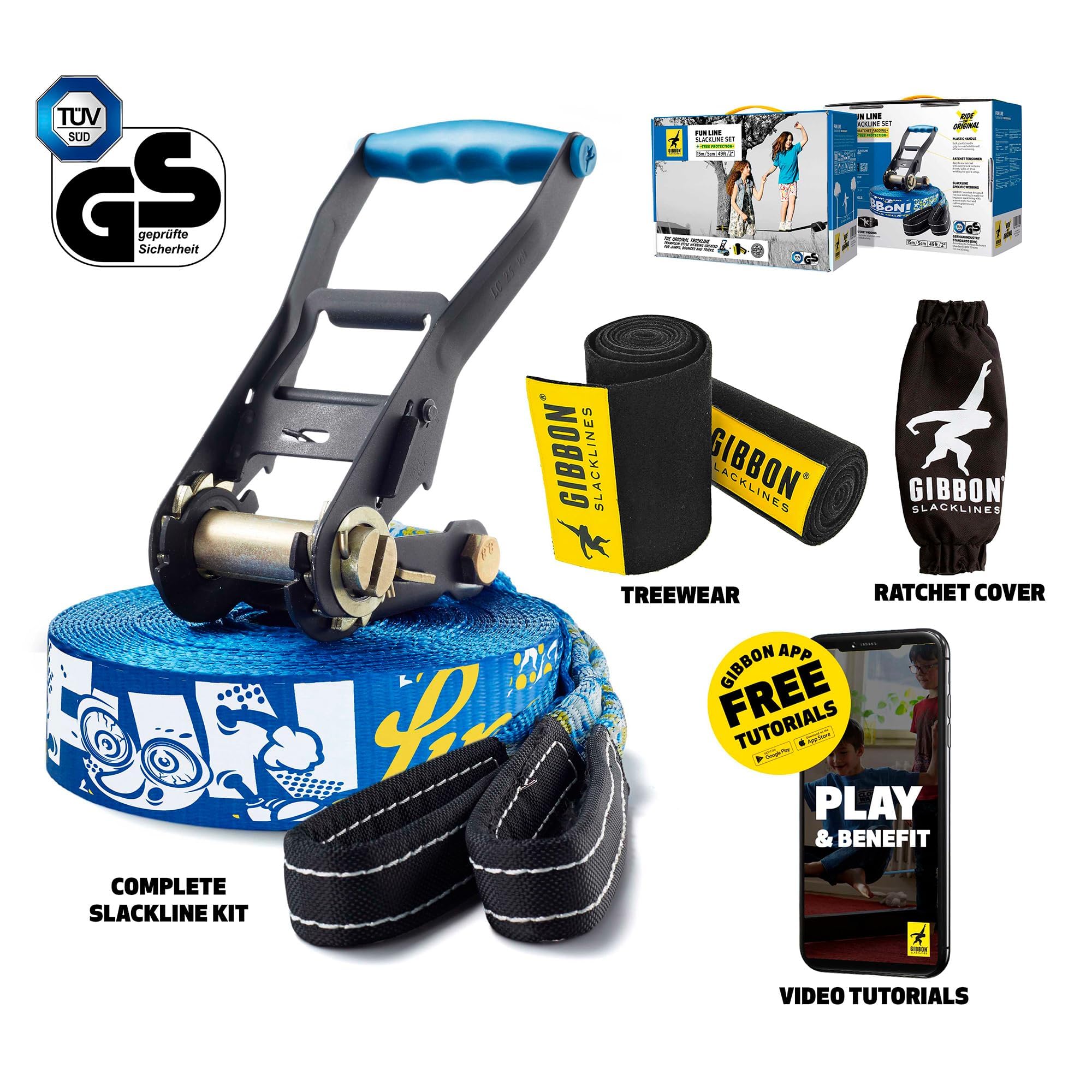 Gibbon Slacklines FunLine | Ideal für Kinder & Anfänger | Gleichgewichtsübung | TÜV-Zertifiziert | Inkl. Ratschenschutz & TreeWear | Einfacher Aufbau | Perfekte Freizeitbeschäftigung