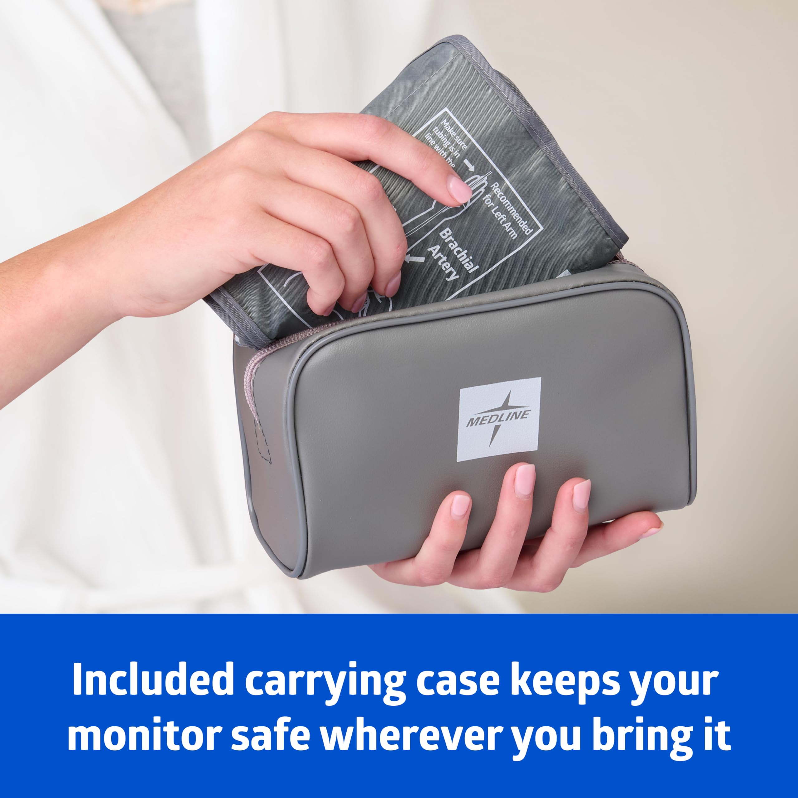 Medline Monitor ciśnienia krwi Bluetooth, uniwersalny mankiet na ramię, cyfrowy wyświetlacz LCD, integracja z aplikacją zdrowotną, przechowuje do 120 odczytów, etui i baterie w zestawie