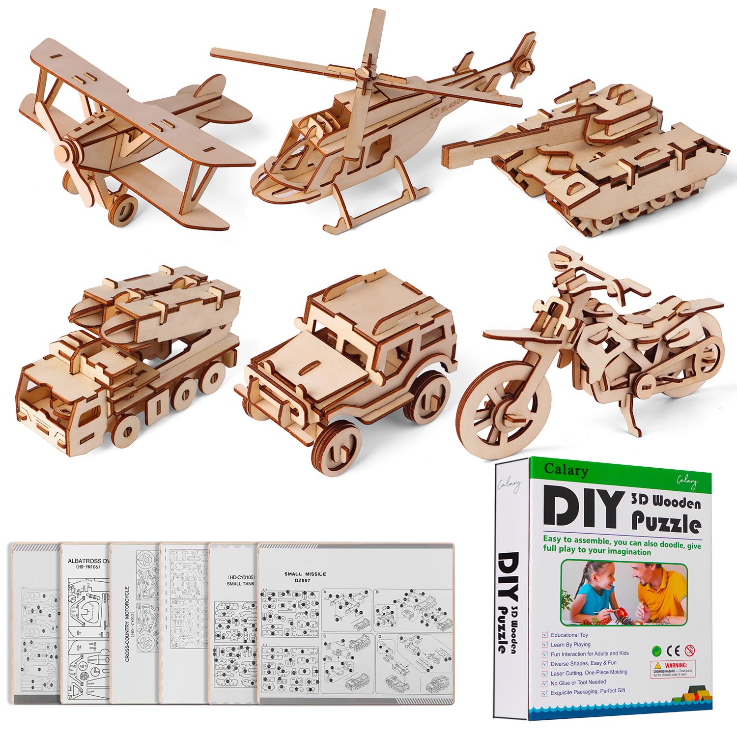 calary 3D Wooden Puzzle Simulation Animal Dinosaur Assembly DIY Model Toy for Kids and Adults,Set of 6