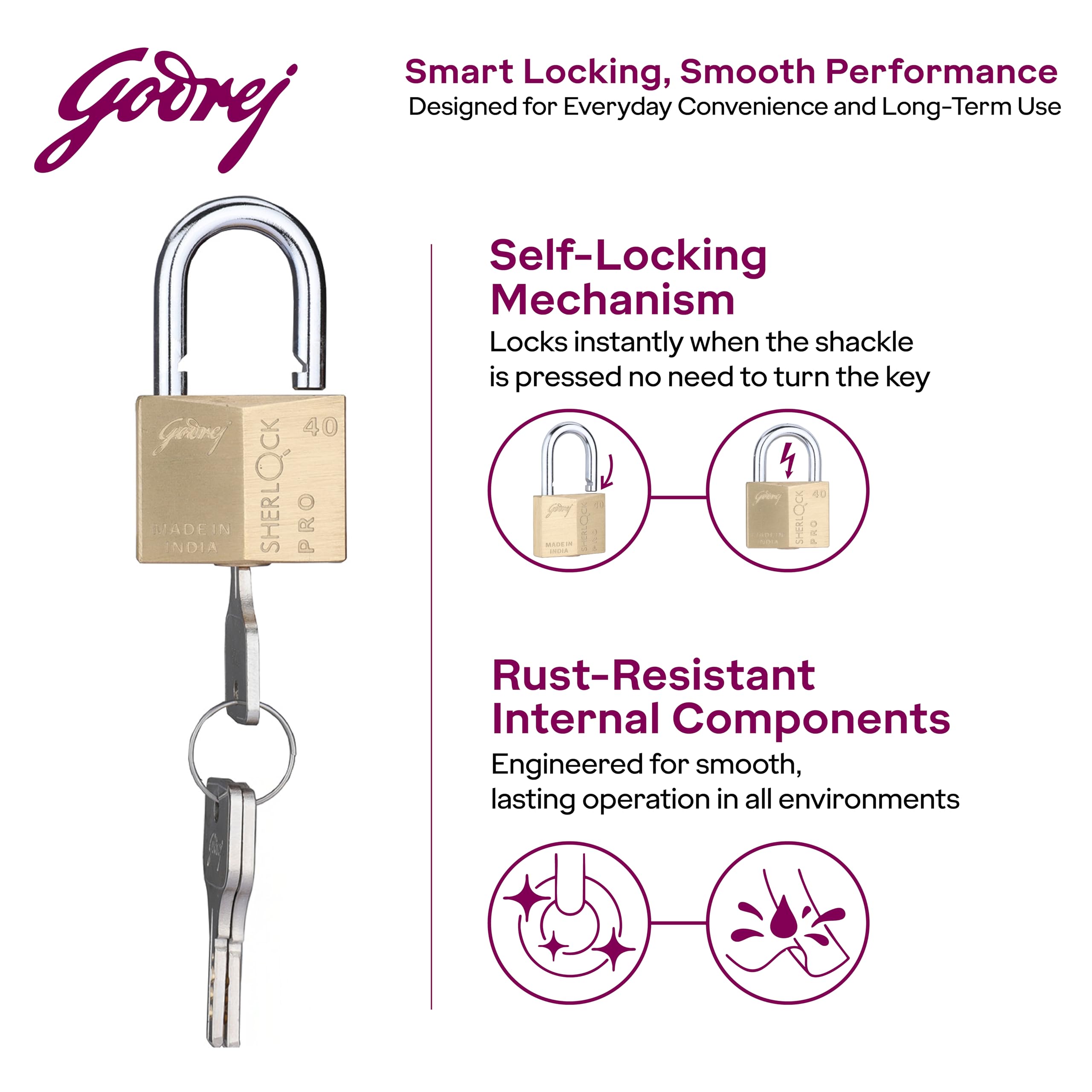 Godrej Sherlock Pro Padlock - 40mm with 3 Keys -5 Godrej Sherlock Pro Padlock - 40mm with 3 Keys -5