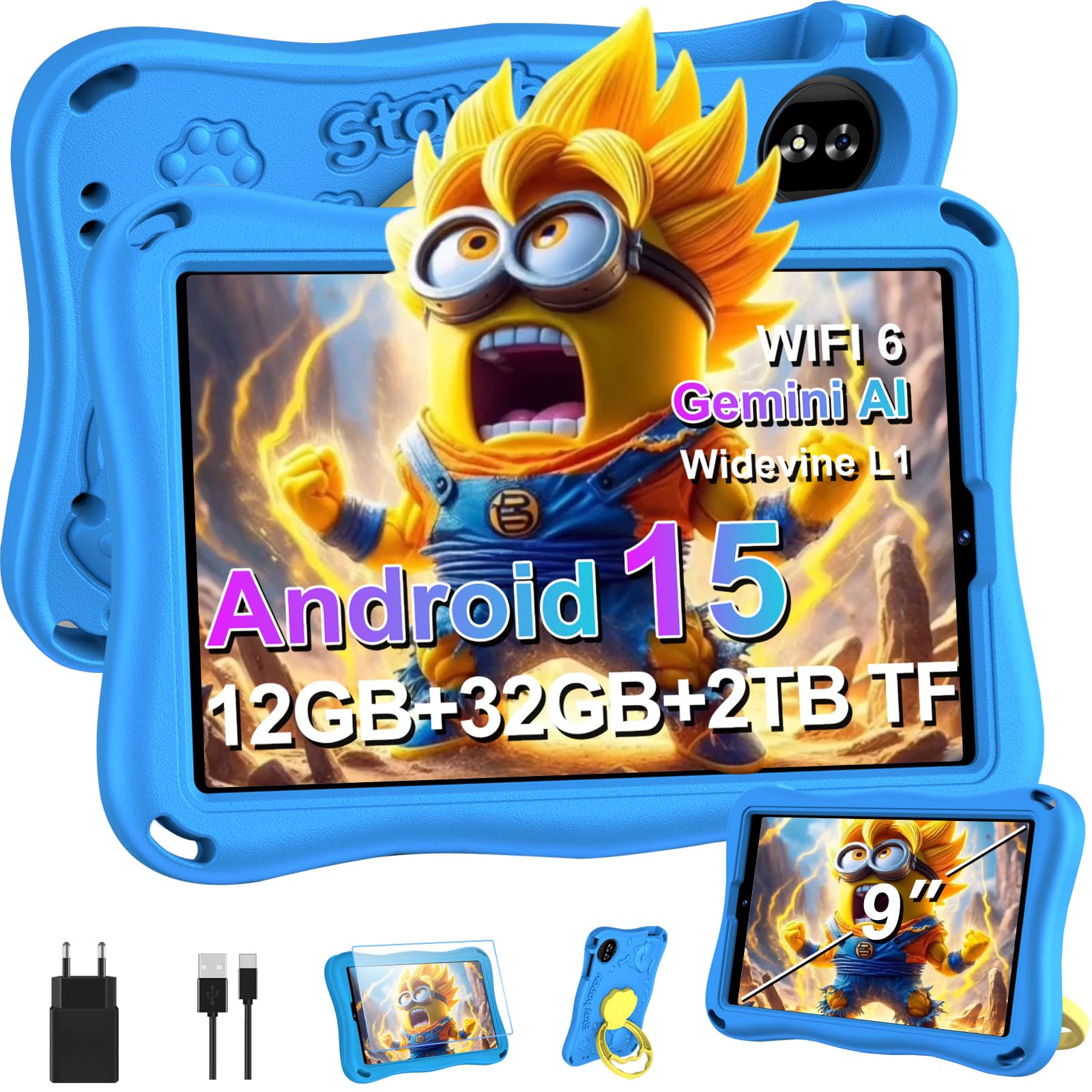 2026 Tablet per bambini 9 pollici Android 15 con 12 GB di RAM + TF 1 TB, 5G WiFi, Octa-Core, Widevine L1, controllo genitoriale, 5000 mAh, 1340 x 800, BT 5.0, per bambini con custodia Eva - Blu