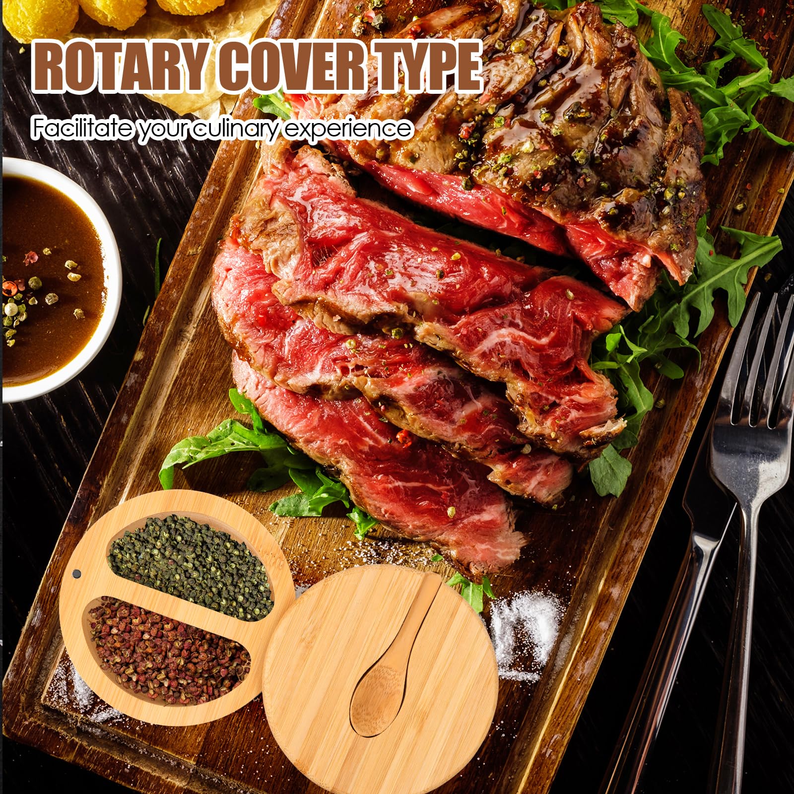 Boîte à Sel Double Niveau En Bois D'Acacia – Couvercle Rotatif Magnétique, Cuillère Incluse, Cellier Épices Étanché Anti-Humidité Pour Sel, Poivre, Café, Sucre – Design Élégant Cuisine