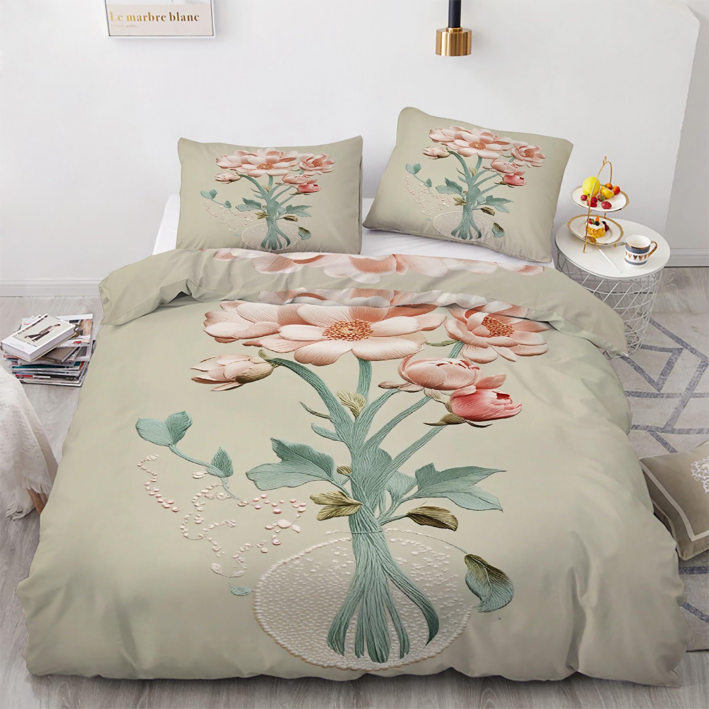 Housse de Couette 220x240 Fleurs Facile à Nettoyer Parure de Lit Infroissable