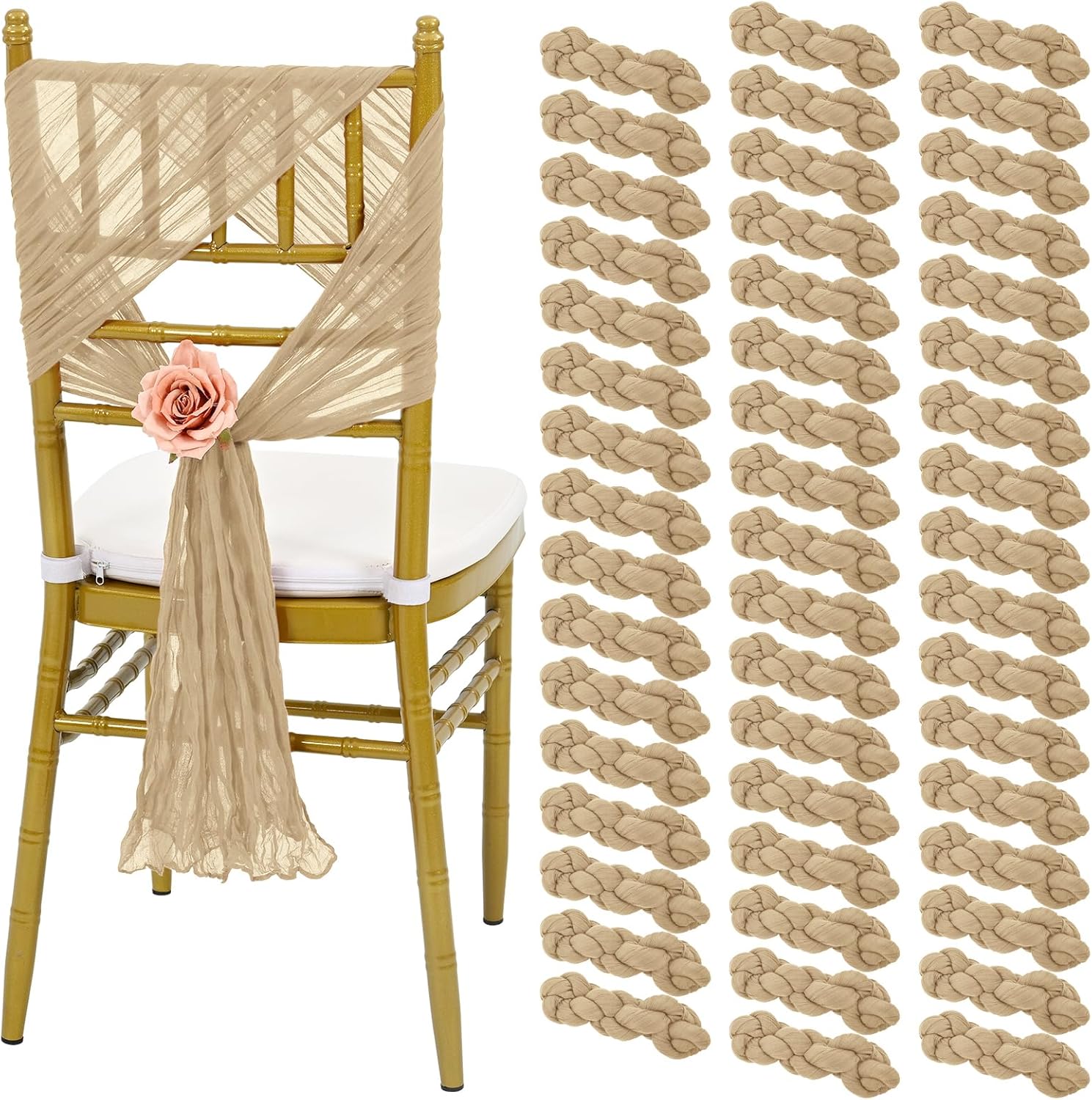 50 PCS Cheesecloth Chair Sashes, 15.7x70 inch Bows Designed Chair Sashes, Chair Cover Chair Sashes Decorations, Universal Chair Decoration for Wedding Reception Banquet Party (Beige) Beige 50 PCS