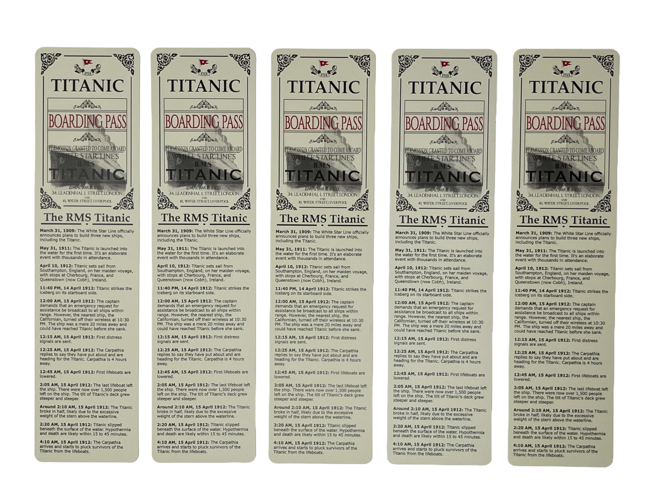 Titanic Bookmark Ticket Boarding Pass Merchandise RMS Titanic Gifts Memorabilia 5 Pack