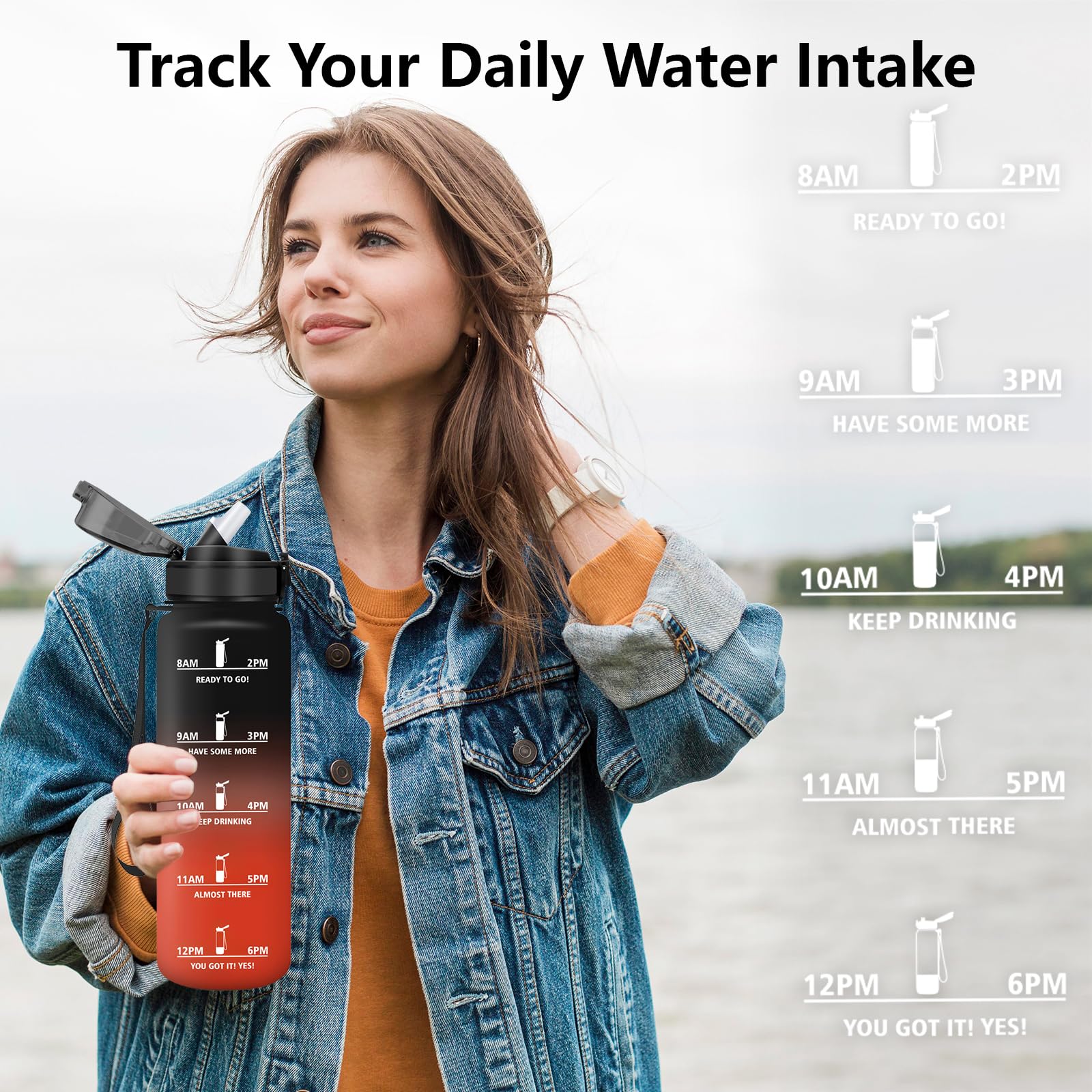 Mujigaga Botella Agua Gimnasio, A Prueba de Fugas Botella Agua 1 litro, Cantimplora con Pajita, Diseño de Cerradura, Cantimplora con Marcador de Tiempo para Deporte, Colegio, Exterior — view 6