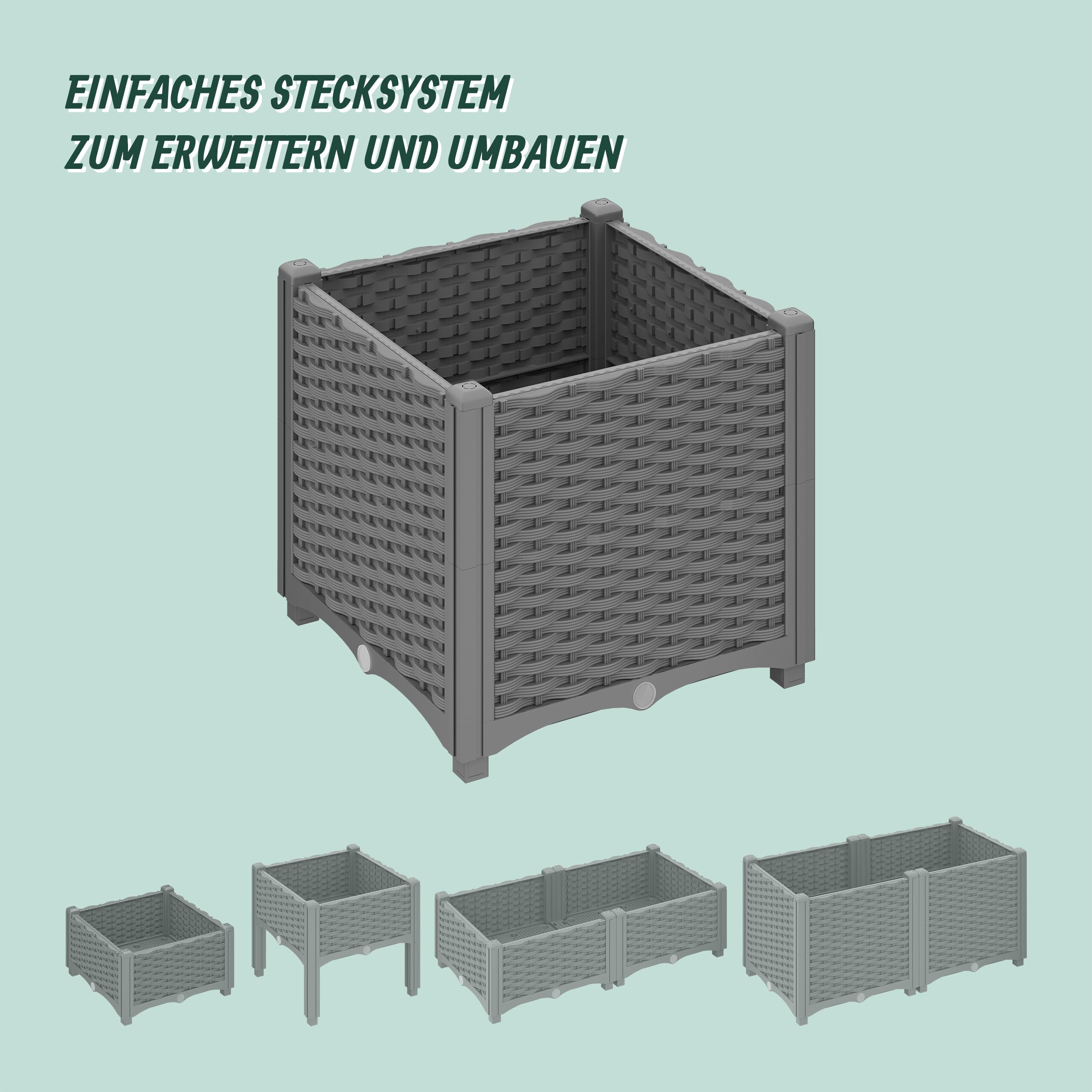 Relaxdays Pflanzkübel, Rattan-Optik, HBT: 38x40x40 cm, Garten, Balkon & Terrasse, Blumenkübel mit Wasserspeicher, grau