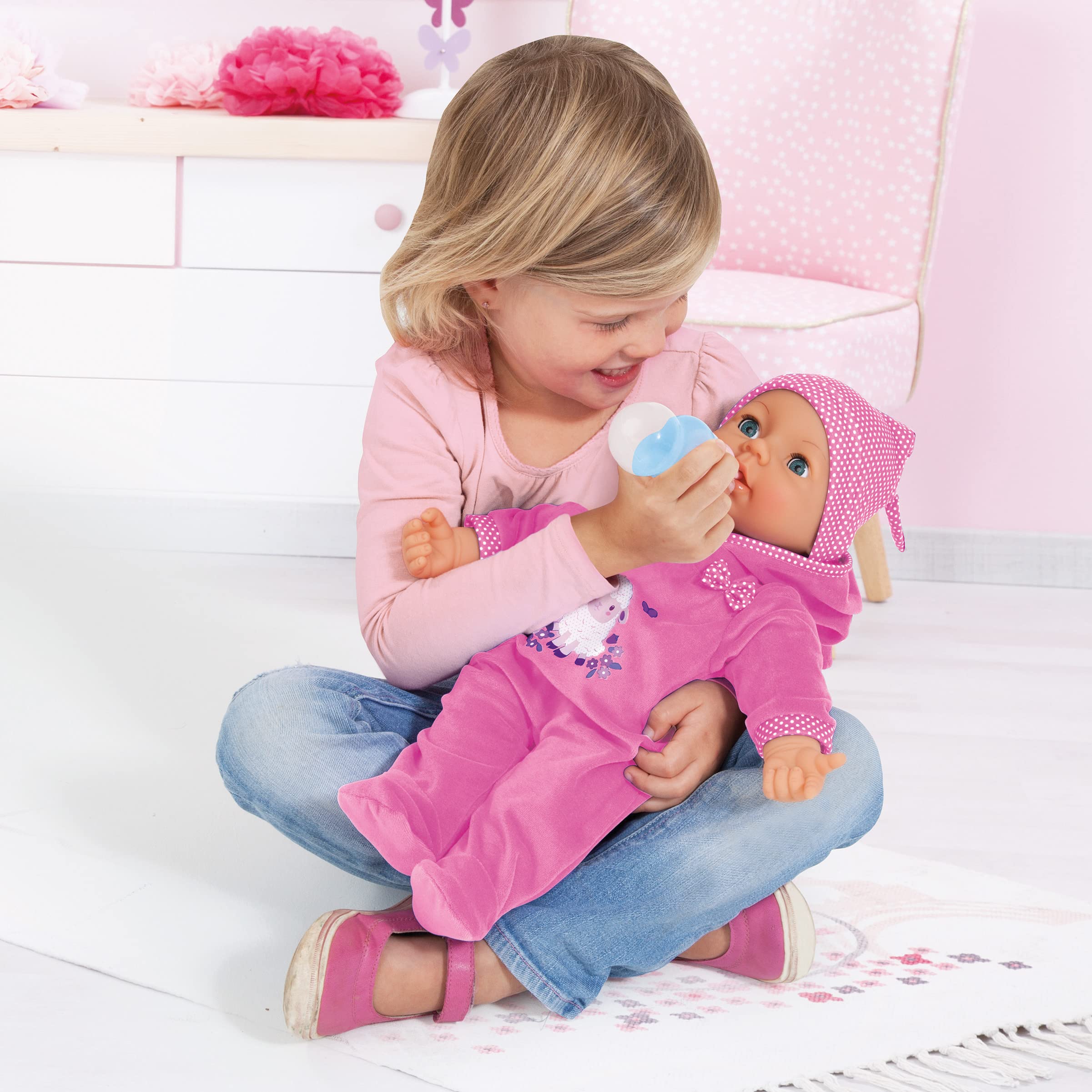 Bayer Design 94697AL Lalka Piccolina Real Tears, płacze prawdziwymi łzami, śmieje się, z akcesoriami, różowa