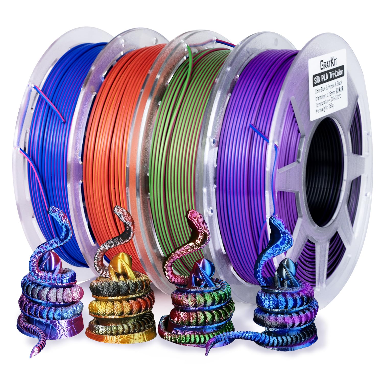 Gratkit PLA Filament Tricolor Silk 1.8mm, 3D Printer Filament, 4*250g | Rainbow Silk PLA Filament, +/- 0.02mm, Multicolor Filament, Fits Most FDM Printers