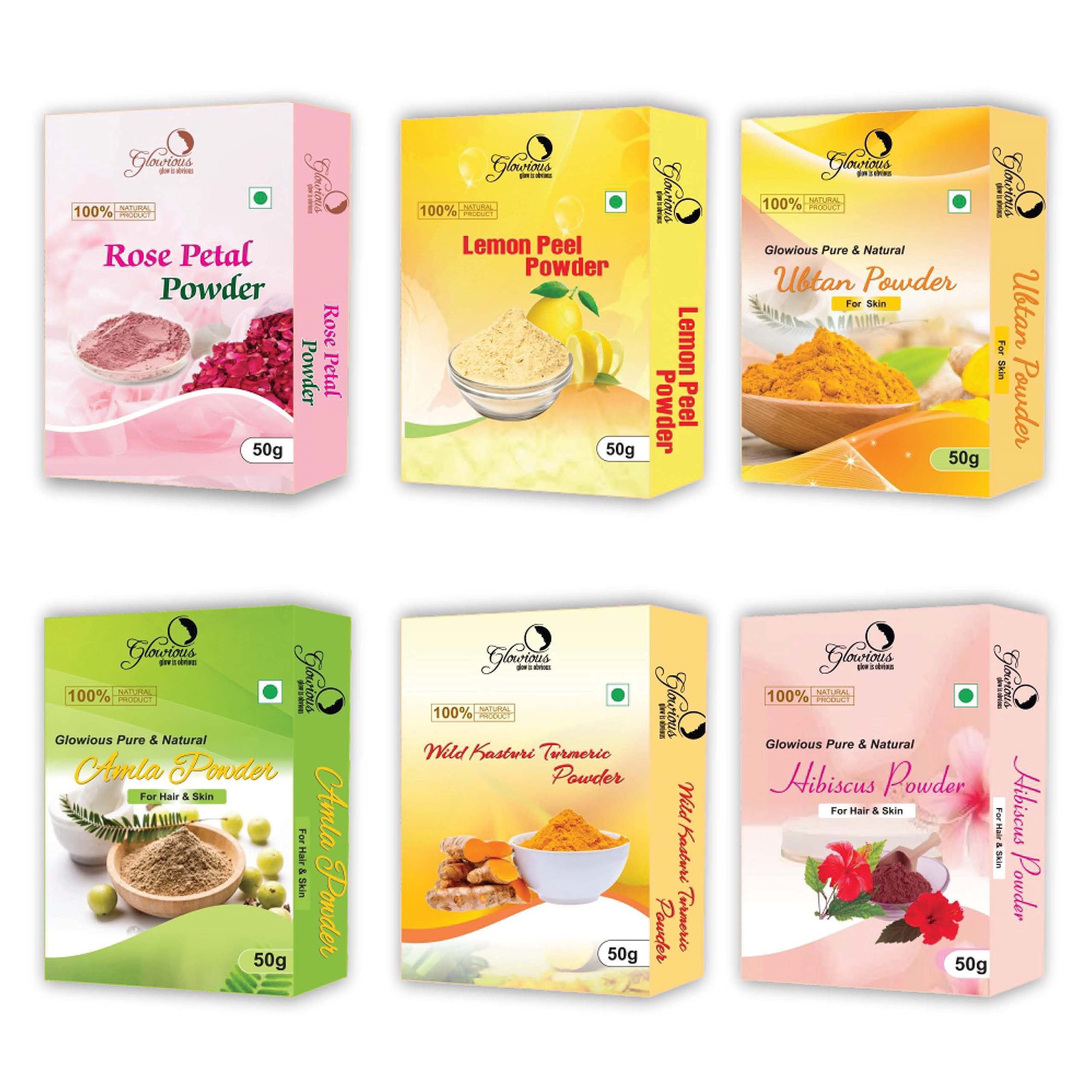 Glowious Natural Radiance Combo Pack - 6 Essential Powders (Rose Petal, Kasturi Turmeric, Lemon Peel, Amla, Hibiscus & Ubtan) 300gms (50gx6) - Revitalize, Nourish, and Enhance Your Skin Naturally