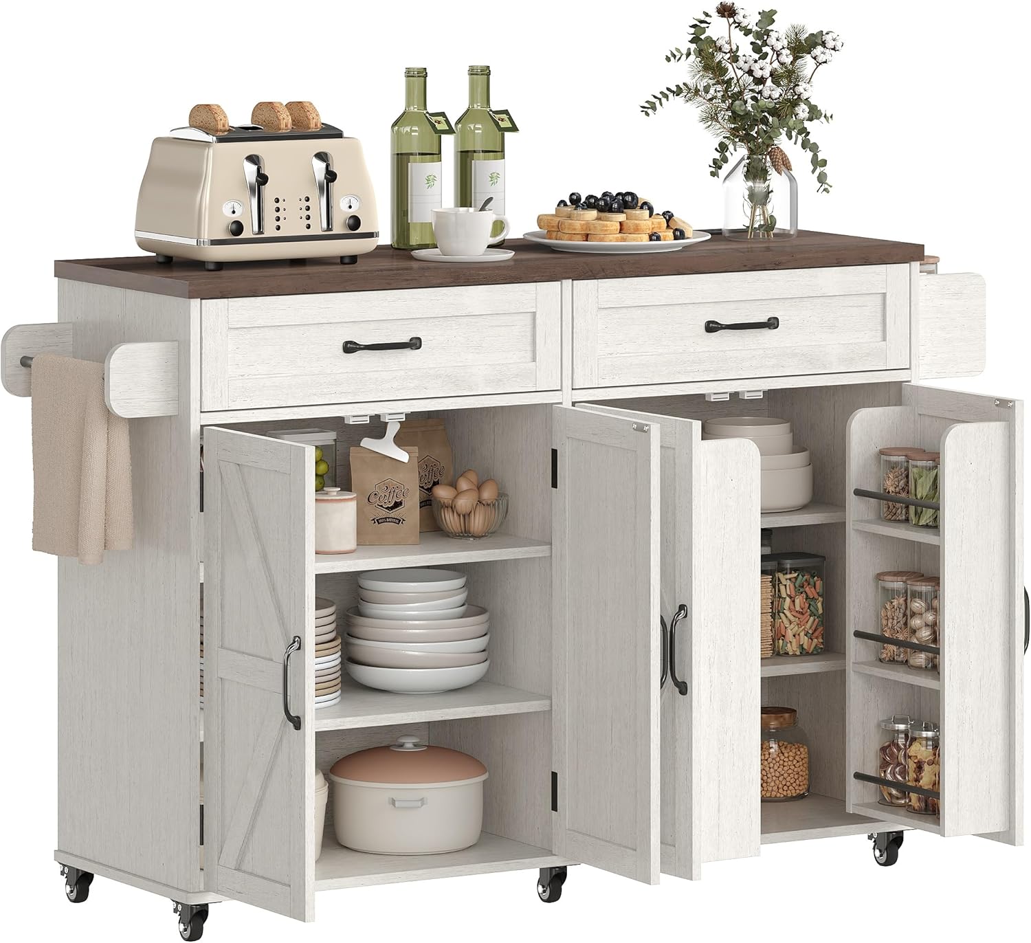 FiveWillowise Farmhouse Buffet Cabinet with 2 Drawers and Charging Station, Mobile Kitchen Island with Spice Rack and Towel Rack, Kitchen Island Cart, Home Bar Carts with Storage,White