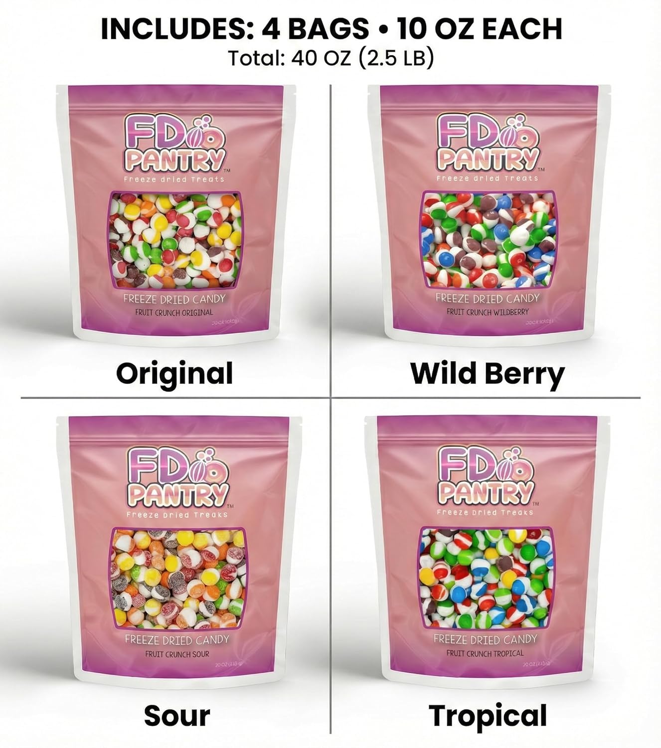 Freeze Dried Candy Variety Pack, Fruit Crunch, 10 oz (4 Pack), Original, Wildberry, Sour, Tropical, Assorted Combo, Gift Bag