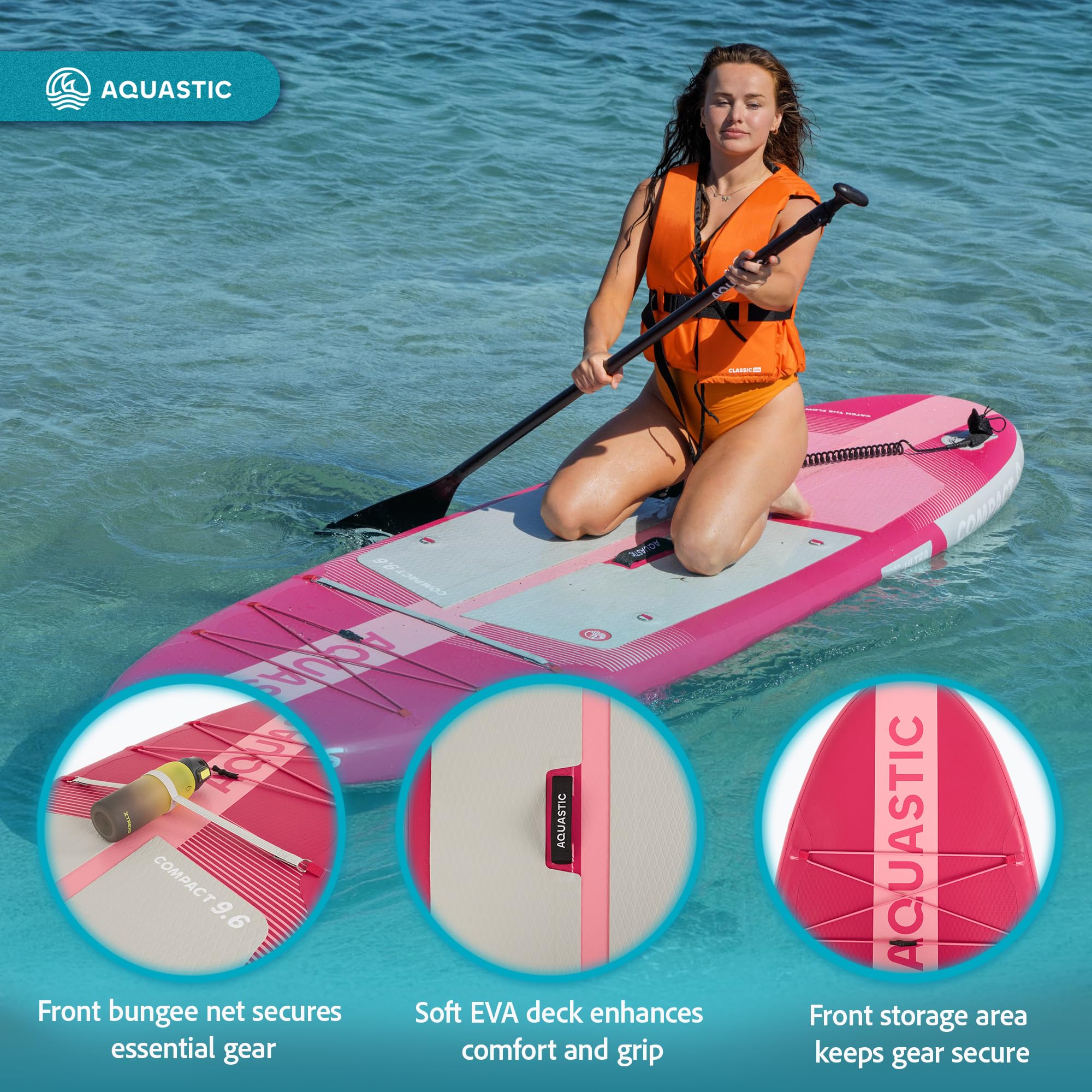 AQUASTIC Compact 220 l - Planche Sup légère/Kayak Drop Stitch Ultra, Stringer, 290 x 79 x 12 cm, déplacement de 220 l, Anneaux en D, Cargo, ballasts, Sac à Dos, Pompe, Leash, Rose