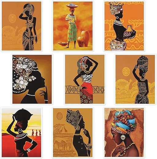 Tenare 9 Pieces Canvas African American Wall Decor Black African Woman Wall Painting Black Art Pictures Retro Ethnic Ancient Poster Unframed, 8 x 10 Inch