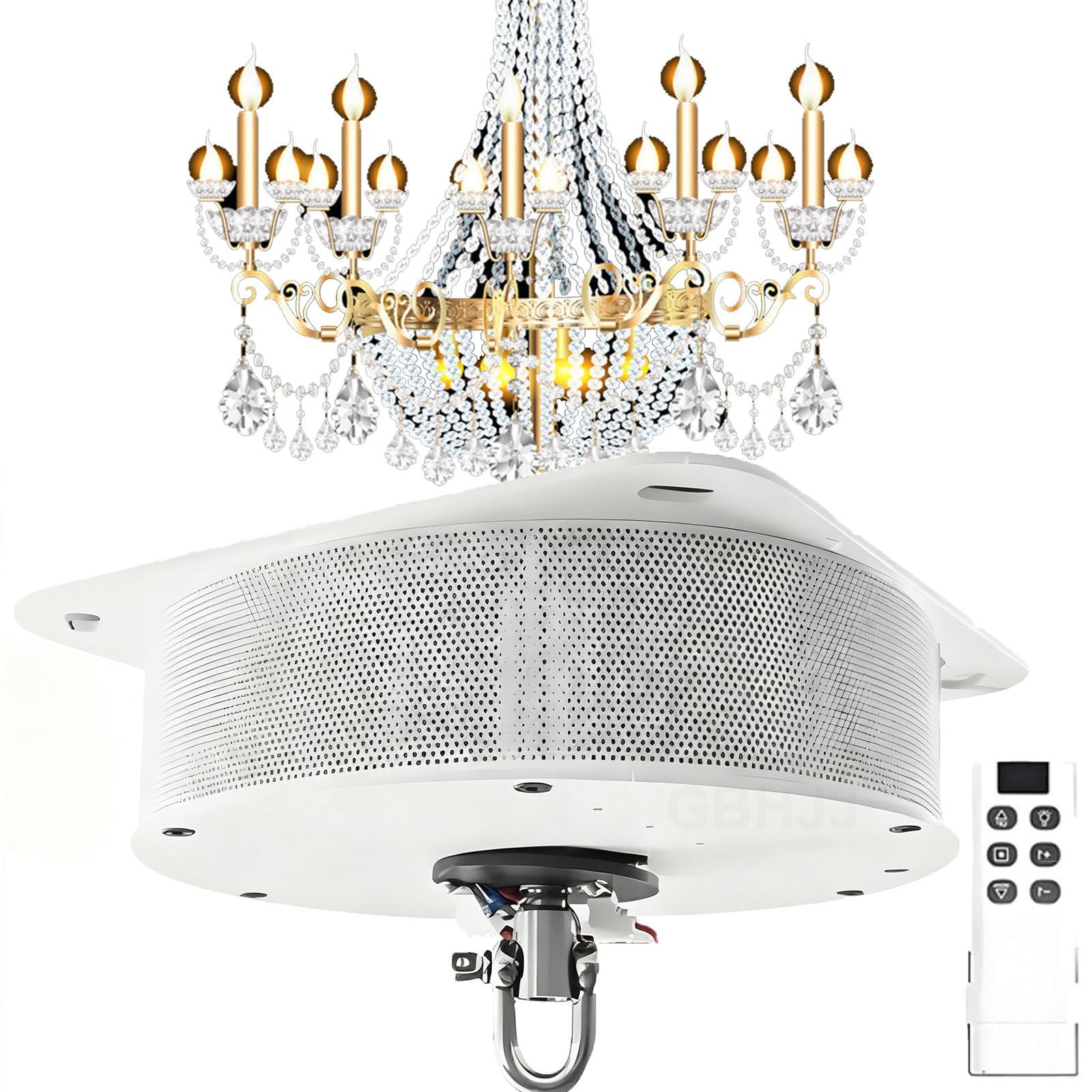 Zykuosus Motorized Chandelier Hoist with Remote Control & Wall Switch, 2-in-1 Electric Lift For leaning, 19.69ft Stroke 40kg Capacity