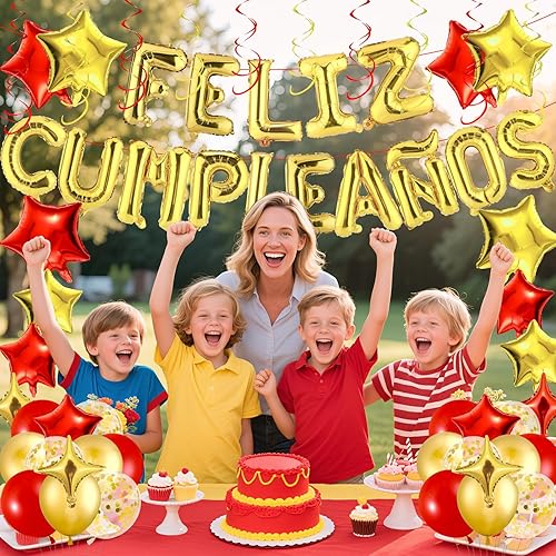 Miniatura 2 de Globos de Feliz Cumpleaños para decoración de fiesta, pancarta española de feliz cumpleaños, globos de cumpleaños dorados y rojos, decoración para