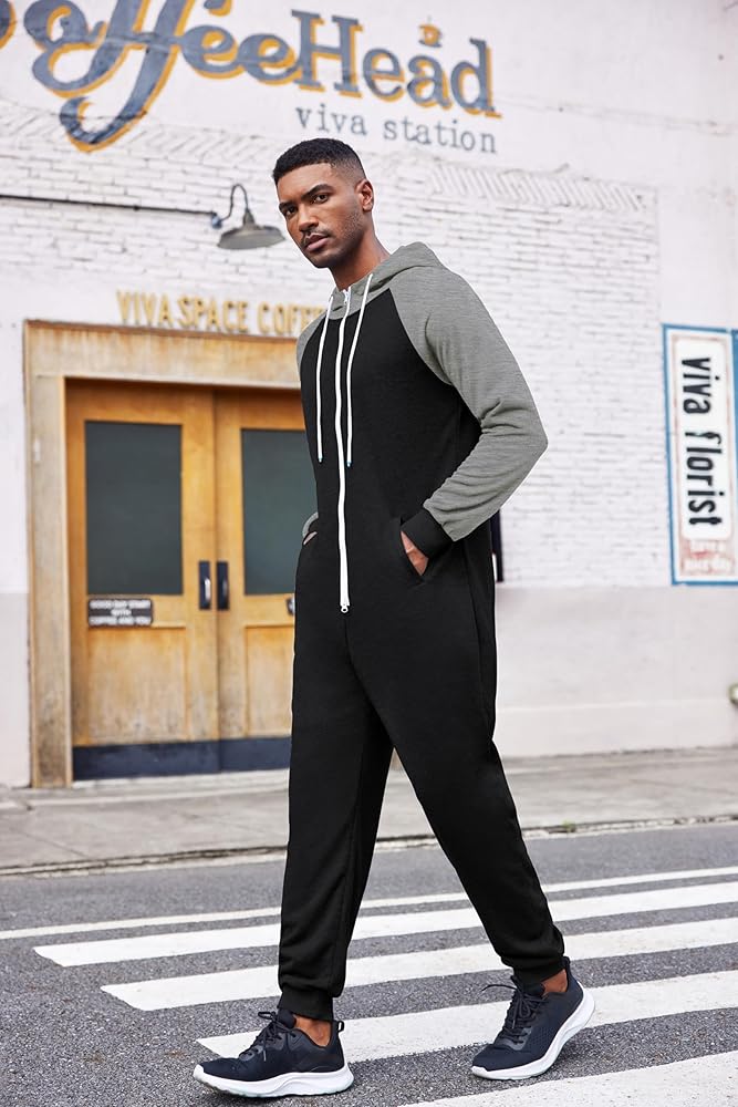 ELESOL Mens Jumpsuit Onesie Rompers Drawtsring Hooded Full Zip One