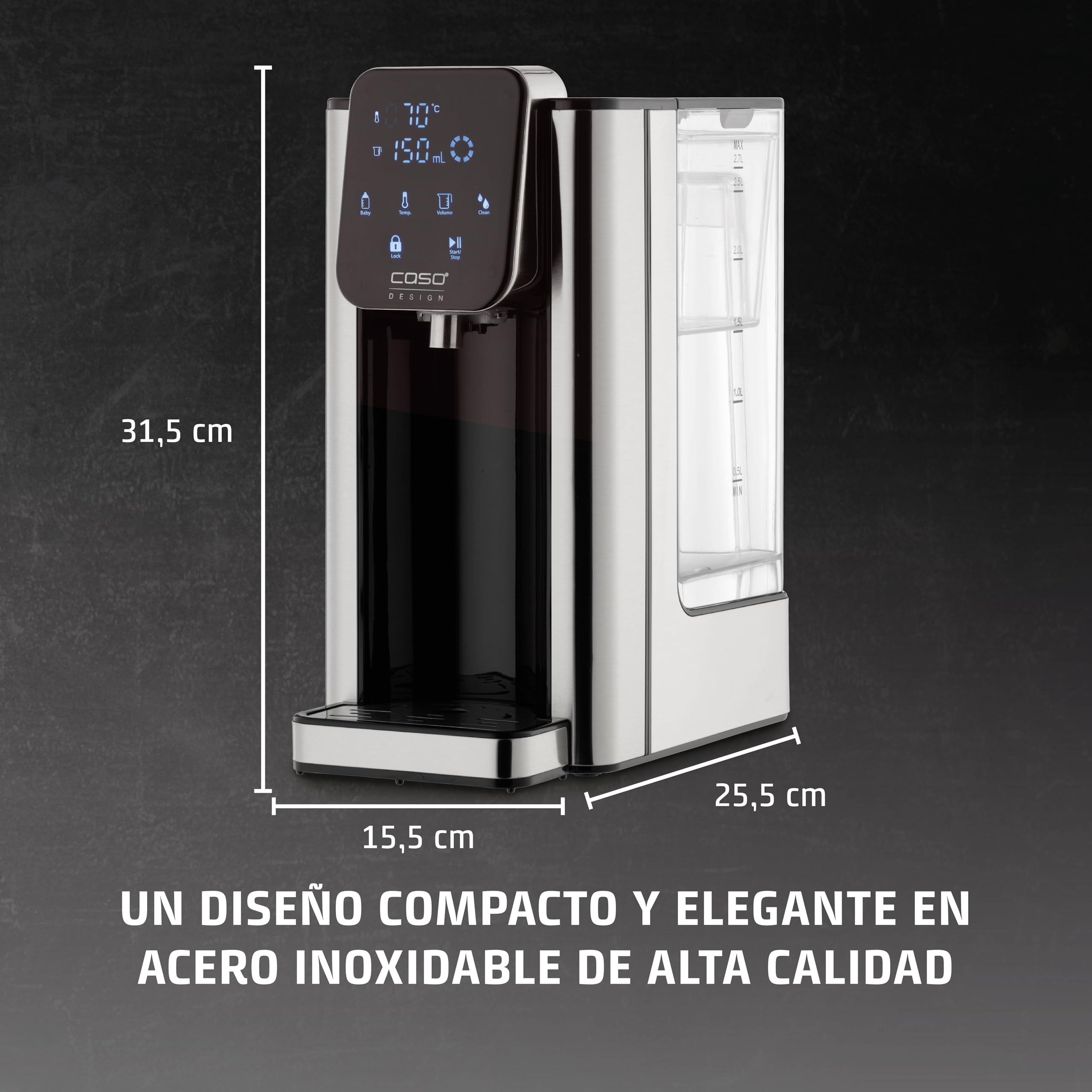 CASO HW 660 - dispensador de agua caliente 2,7L - hervidor de agua electrico - Agua caliente en segundos - temperatura 40°C a 100°C - 7 cantidades de salida - Filtro Antical y Anti Impurezas
