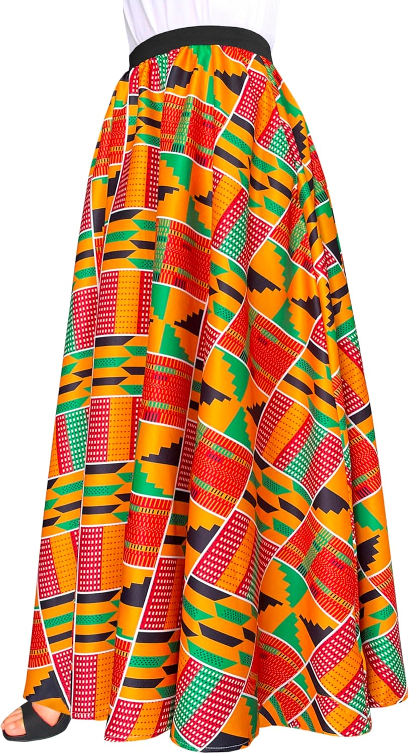 Afibi Women African Skirt Printed Ankara Maxi Skirt Dashiki Long Skirts with Pockets - Image 3