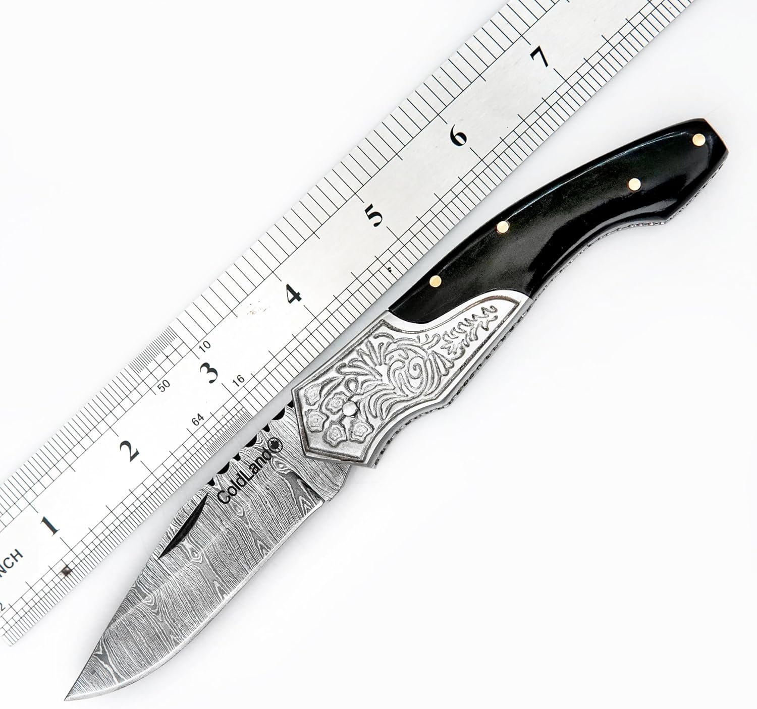 ColdLand Damascus Pocket Knife - 7.5 Inch Folding Knife with Buffalo Horn Handle & Leather Sheath - Full Tang Pocket Knives for Hunting, Skinning, EDC, Camping & Hiking - SQFOL01-V3