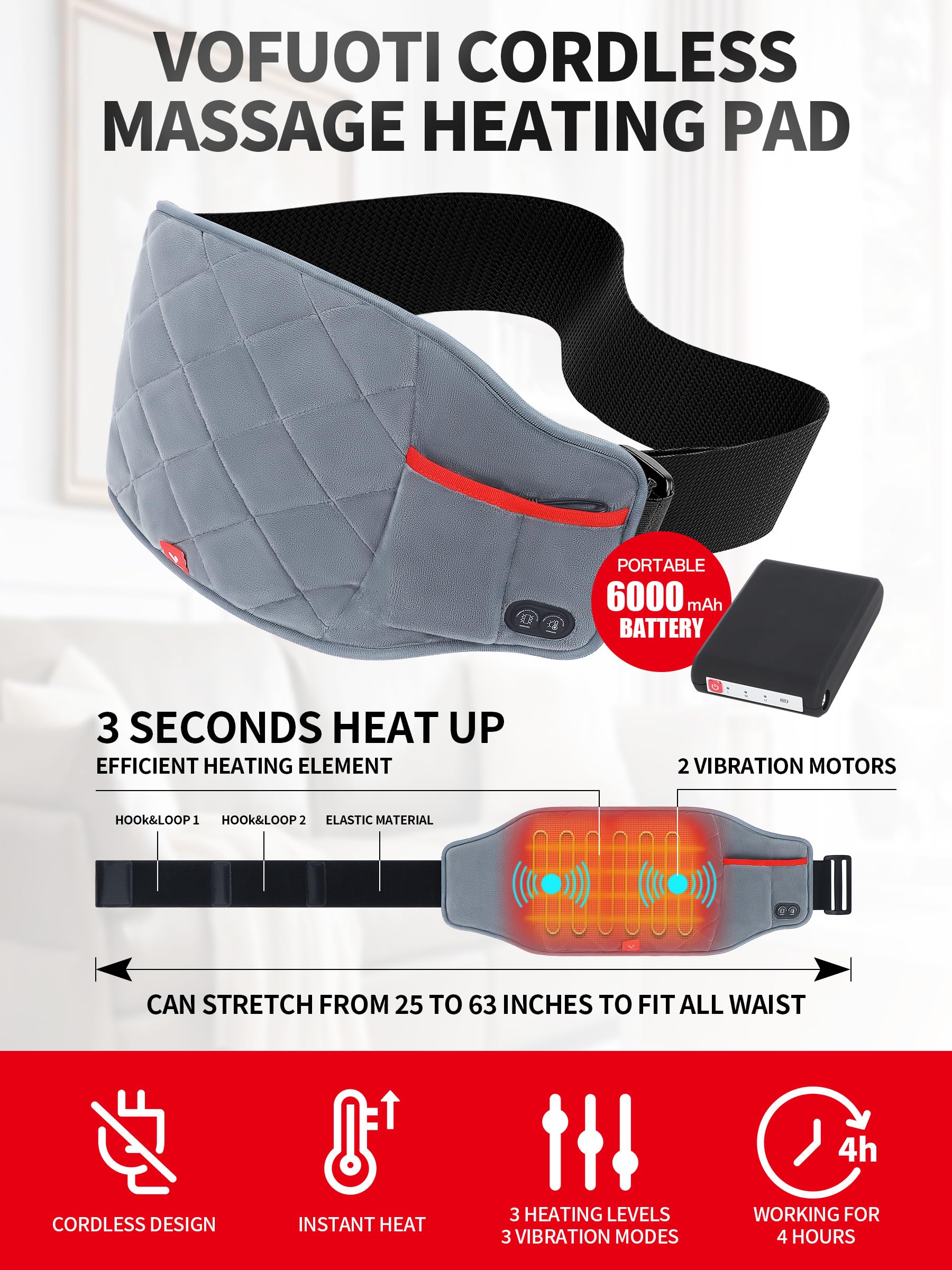 Vofuoti Cordless Heating Pad - Portable Heated Pad With 3 Heat Settings For Back & Abdomen - Ideal For Men & Women - Purple - International Shipping Available | Buy Now With Express International Delivery