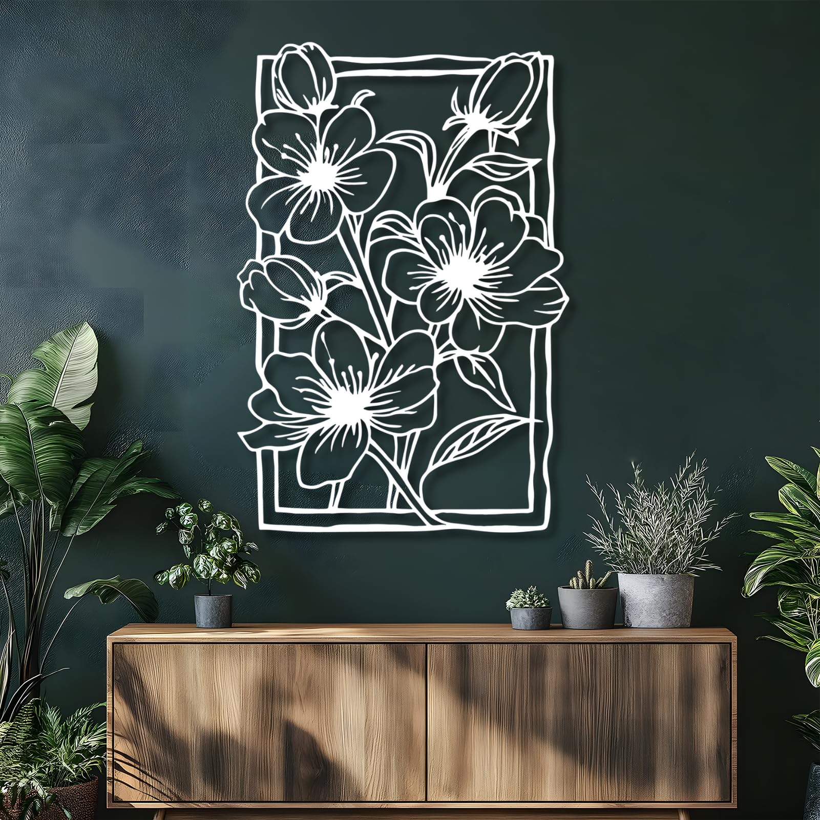 Art mural en métal minimaliste blanc, motif de plantes haut de gamme