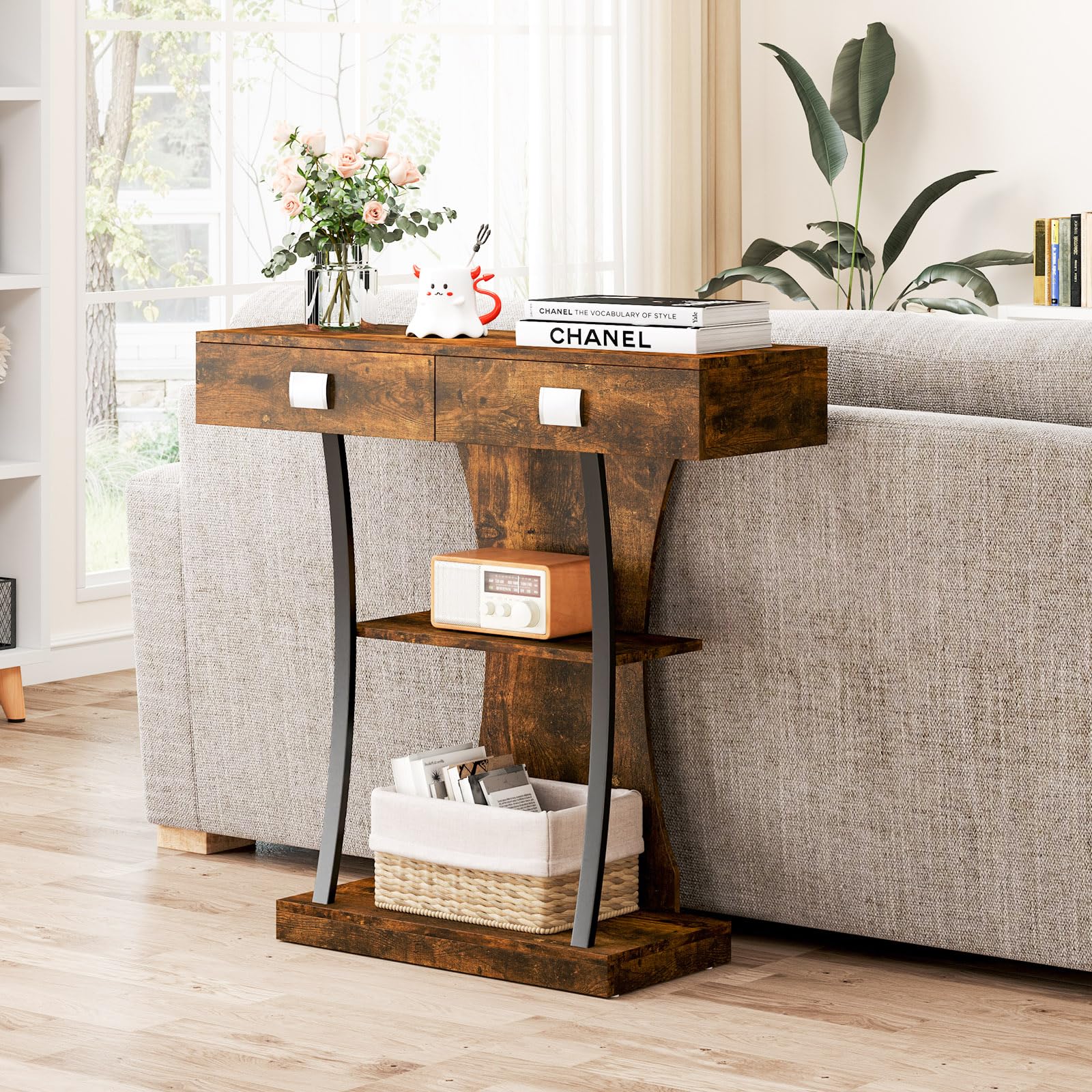 GOPLUS Tavolo Consolle A 3 Livelli, Con Cassetto Portaoggetti, Tavolo D In Metallo Per Camera Da Letto Soggiorno Corridoio Ufficio 91 X 30 X 88 Cm Grigio 80746602