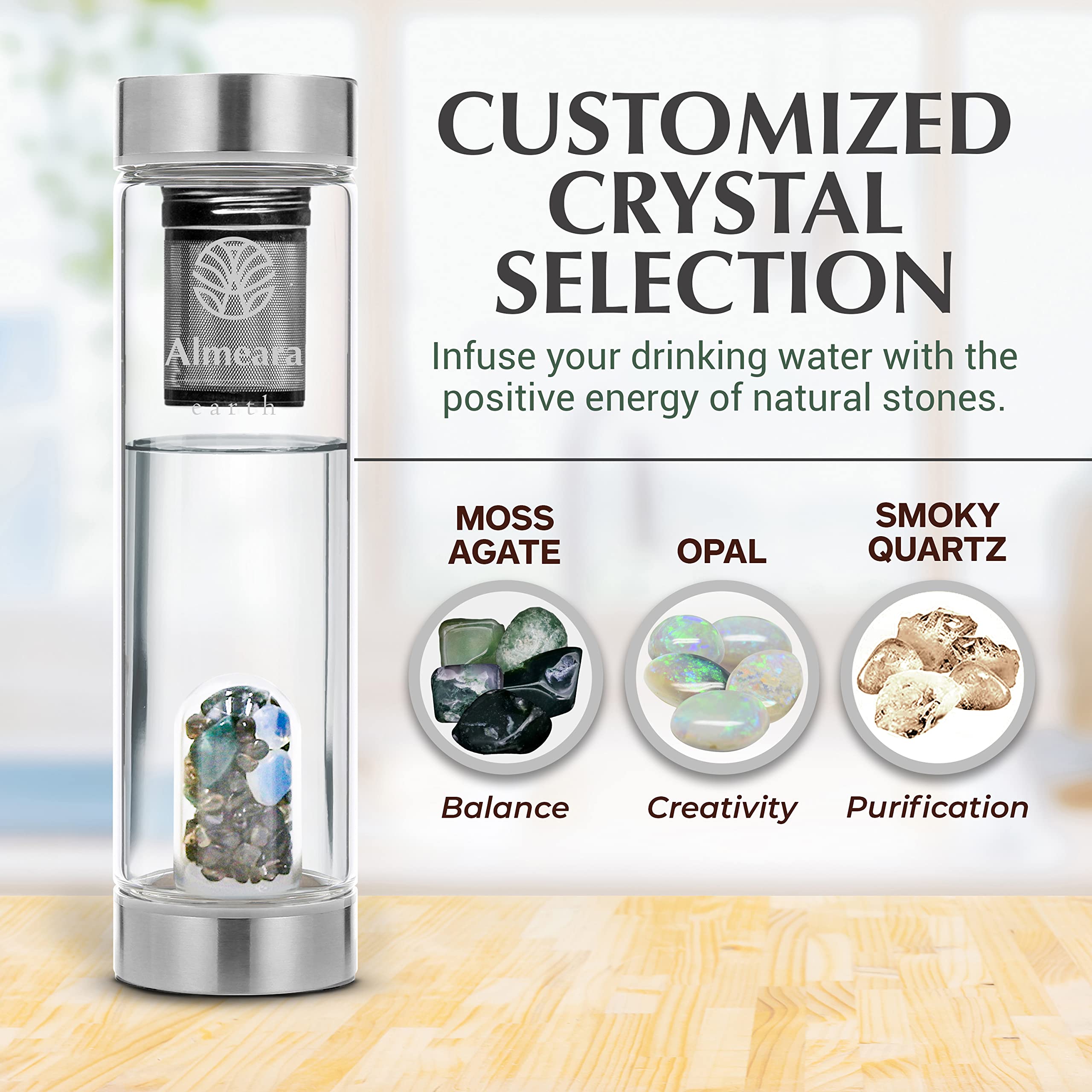 Almeara Botella de agua de cristal – Botella de agua con infusión de Elixir con gemas grandes – Tierra