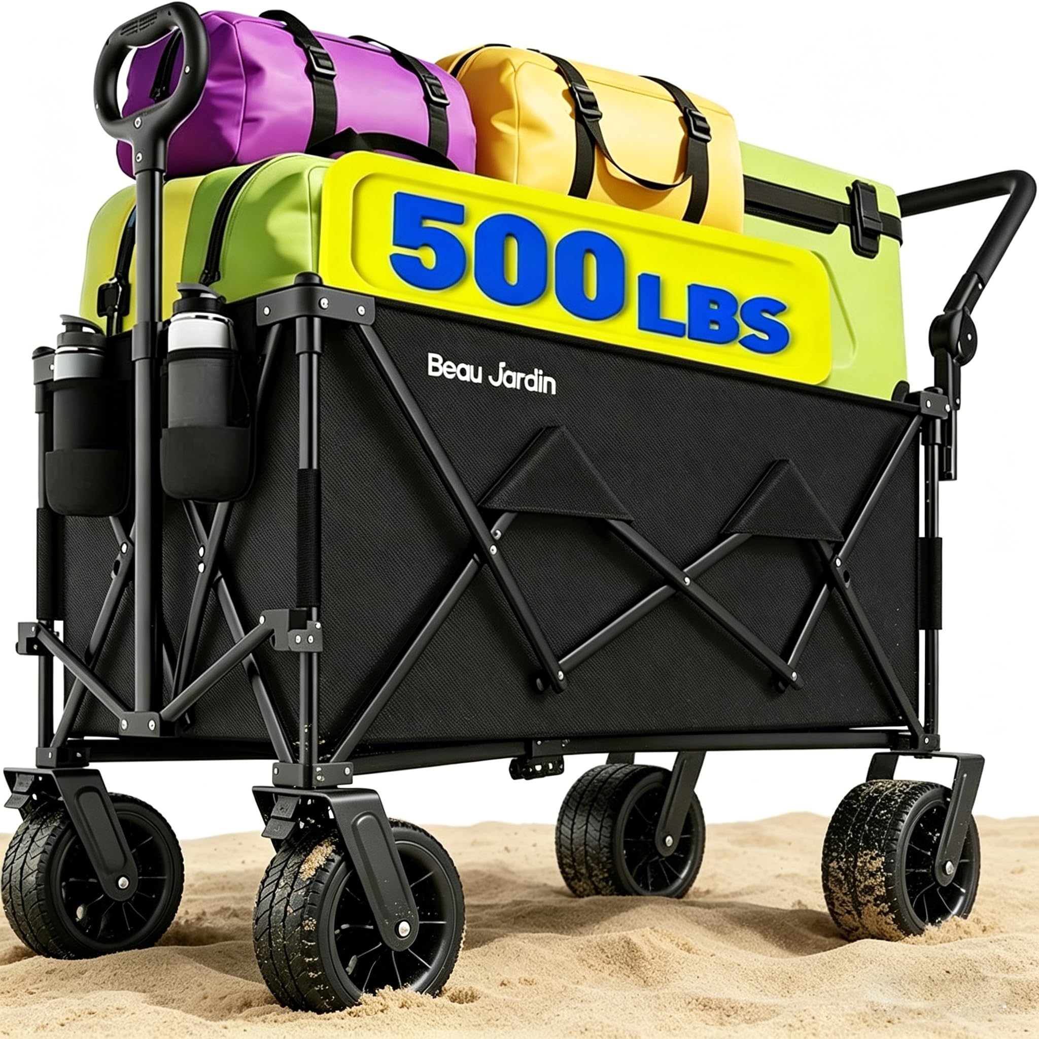 Beau Jardin Black Xxxl Festival Trolley On Wheels 300L 250Kg Folding Wagon Portable Camping Cart Collapsible Foldable Trolly For Beach Outdoor Garden Picnic Shopping Fishing, Wide Wheels Adjustable Handle