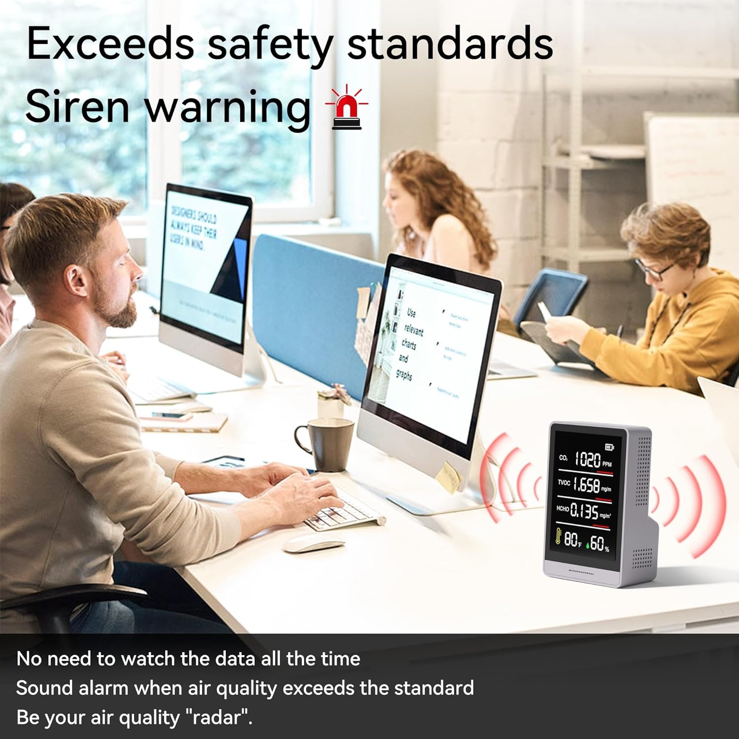 5-in-1 Professional Indoor Air Quality Monitor Indoor Portable CO2 Monitor | Temperature | Formaldehyde Detector | Humidity TVOC | Air Quality Tester - Confined Space Clean Air Monitor (Ash Gery)