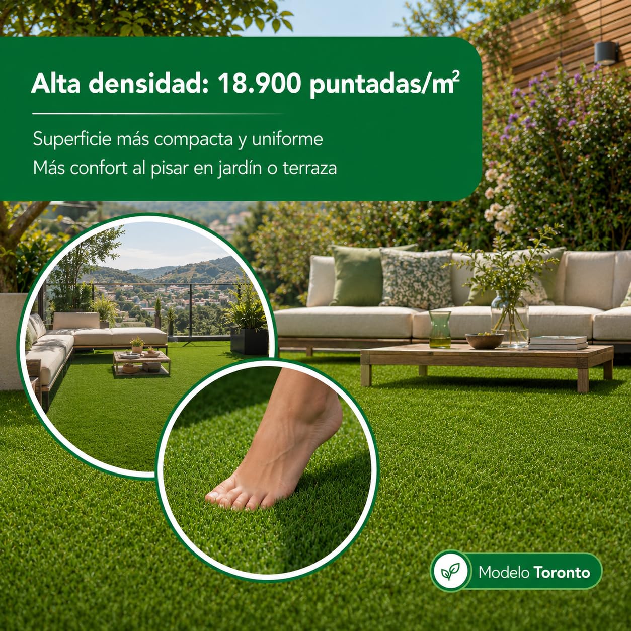 Césped Artificial 2x10m Premium 30mm, Modelo Toronto, 18.900Puntadas, 6.700Dtex. Máximo Realismo, Alta Densidad, Ideal para Exteriores, Piscinas, Terrazas y Jardín