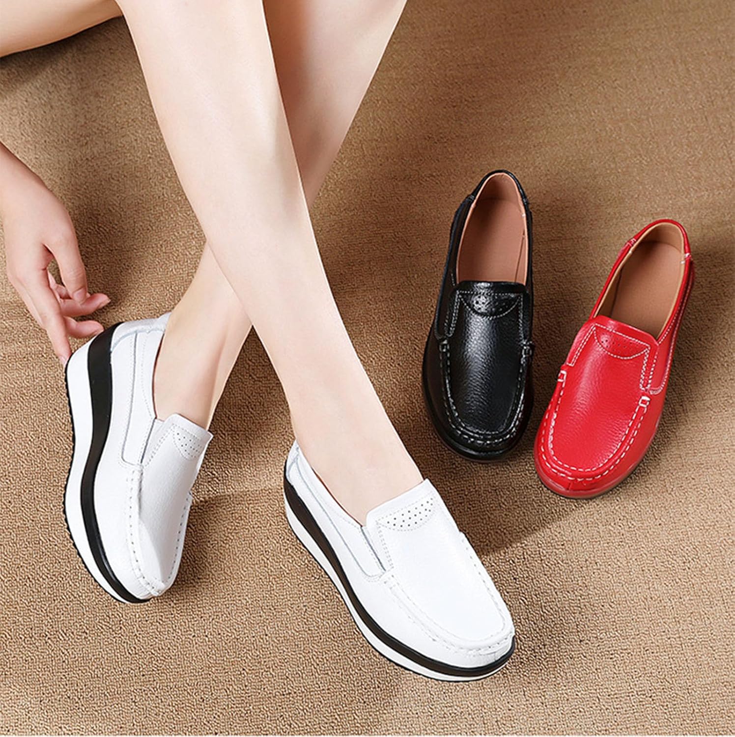 Women's Comfortable Platform Leather Wedge Walking Shoes Fashion Thick Sole Non-Slip Soft Casual Loafers with Arch Support - Image 2