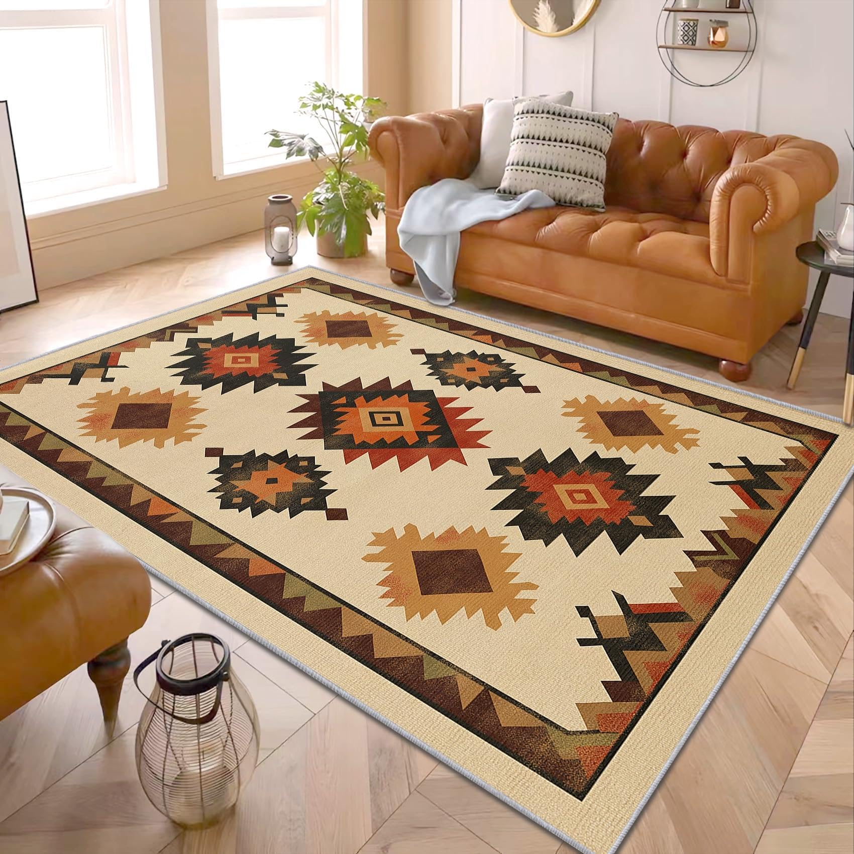 Tapis ethnique antidérapant résistant aux taches pour salon et chambre