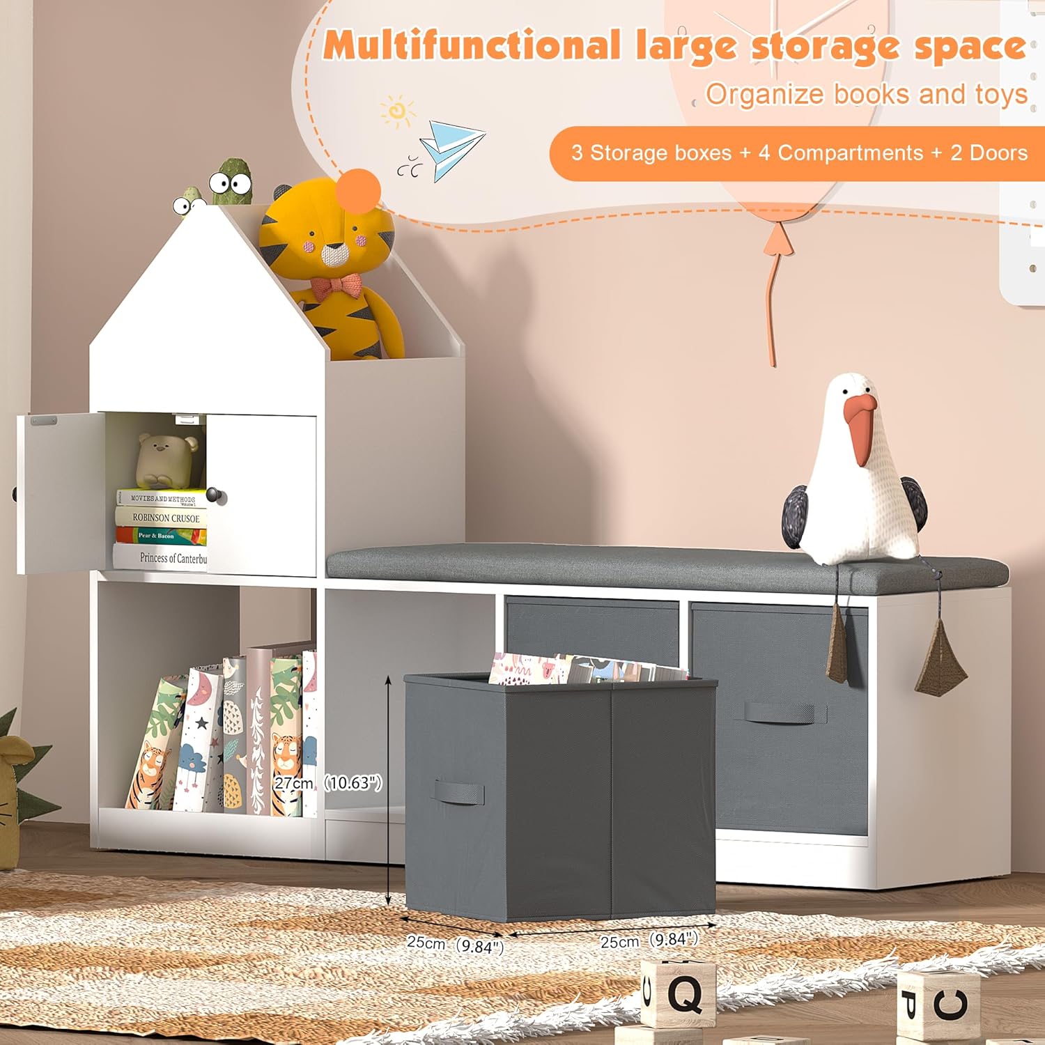 Reading Nook for Kids, Children Bookshelf with Soft Cushion, Toddler Toy Storage Organizer with 6 Storage Cubbies for Kids Room, Reading room, Playroom,Bedroom,Nursery (White with 3 Storage Bins) - Image 4