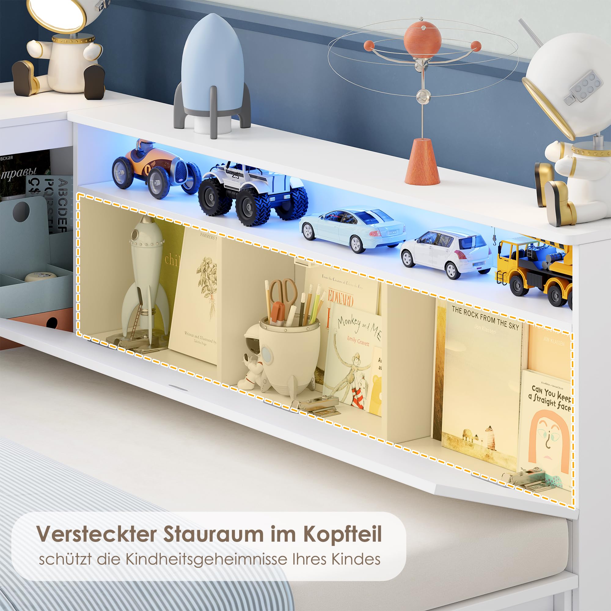 FOREHILL Kinderbett 90x200 cm Jugendbett mit LED-Beleuchtung, Einzelbett mit 3 Schubladen und Bücherregal, Tagesbett Stauraumbett Holzbett Schrankbett (Ohne Matratze) Weiß