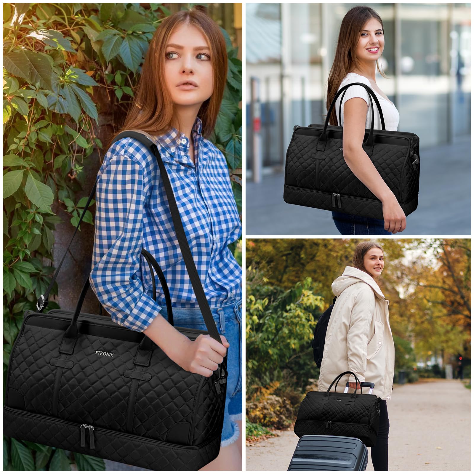 ETRONIK WETRONIK Weekender Overnight Bag for Women, Large Travel Duffle Bag with Shoe Compartment & Wet Pocket,eekender Overnight Bag for Women, Large Travel Duffle Bag with Shoe Compartment, Dark