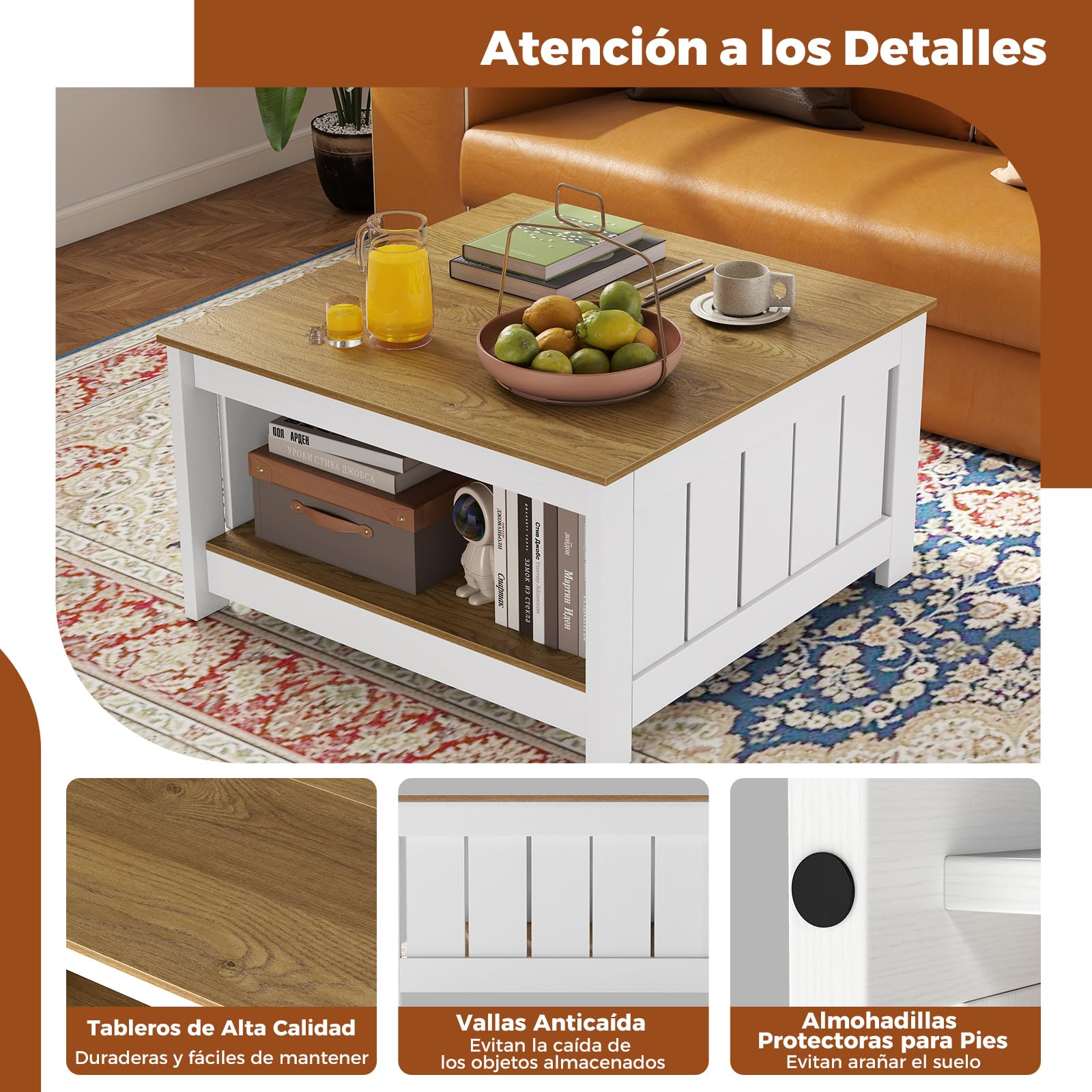COSTWAY Mesa de Centro, Mesa de Cóctel Cuadrada con Estante de Almacenamiento, Mesita Rústica de Granja, Mueble de Salon, 80 x 80 x 45 cm
