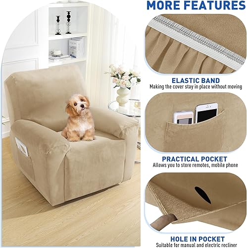 Vista 3 de MAXIJIN - Funda para sillón reclinable de terciopelo de 4 piezas, elástica, afelpada, gruesa y suave, con bolsillo lateral (camello)