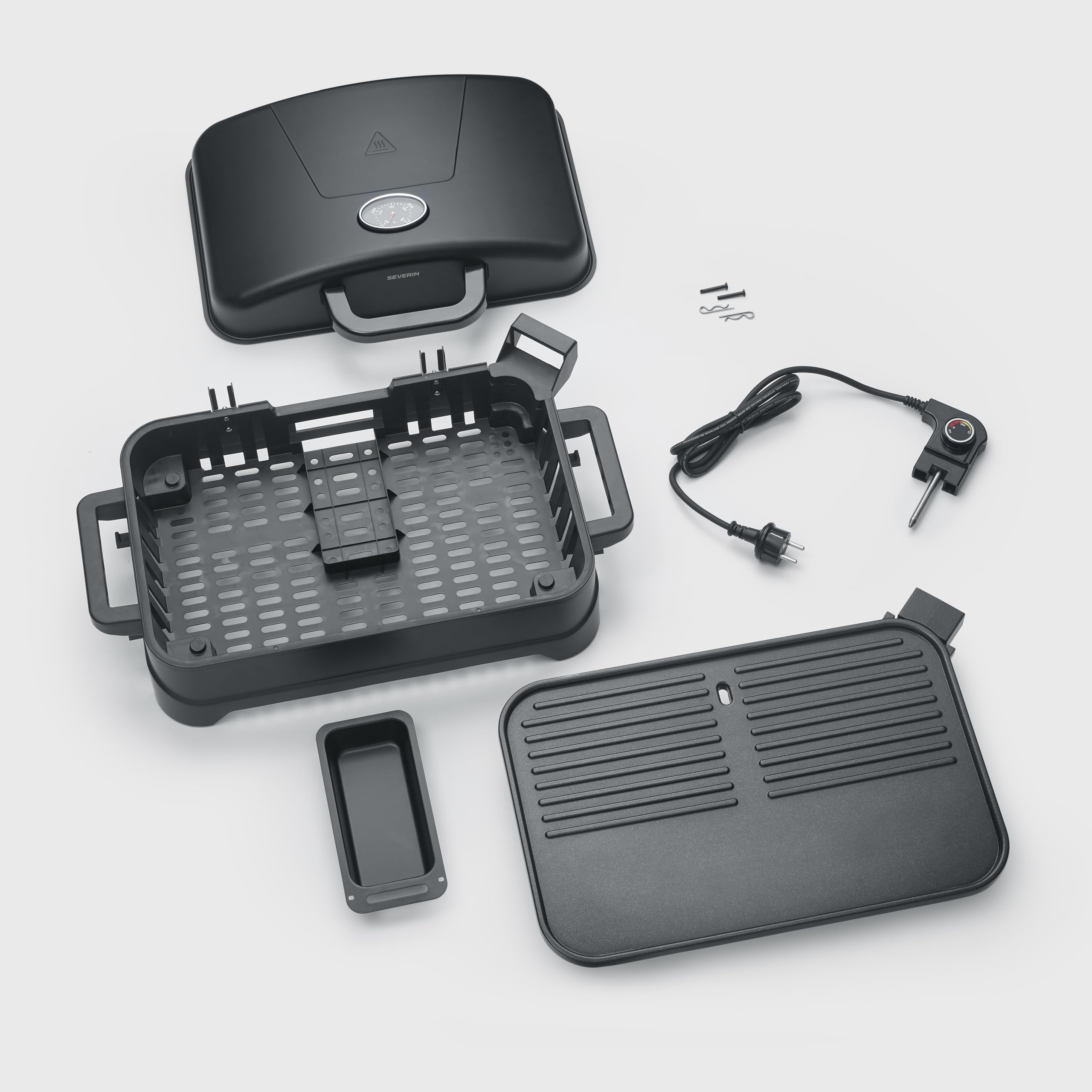 Severin Barbacoa eléctrica con tapa abatible, 2300 W, máx. 230 °C, tiempo de calentamiento de 10 min, revestimiento cerámico, termómetro, superficie de cocción de 45 x 30 cm, negro mate, PG 8597