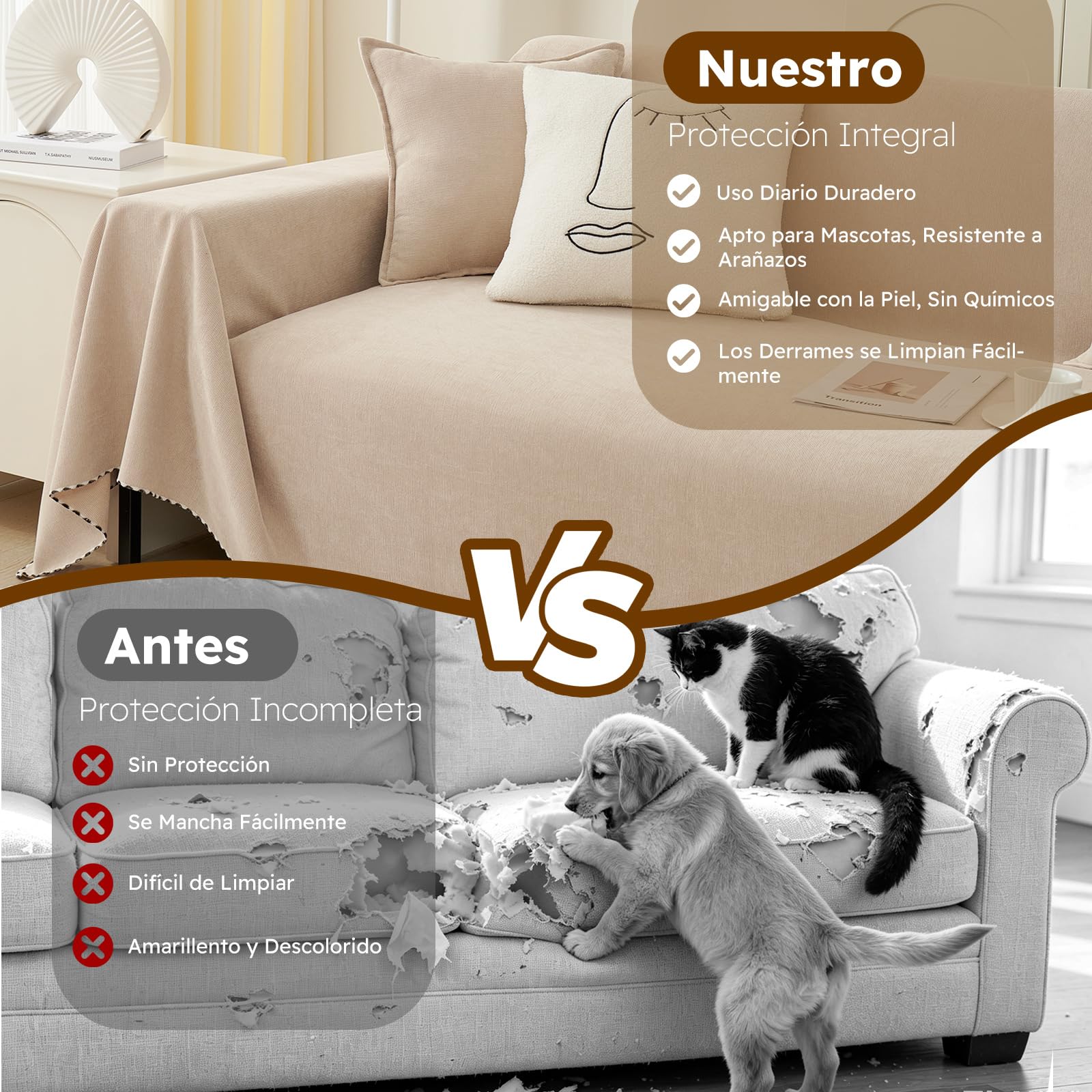 PETCUTE Fundas de Sofa, Protector Funda Sofa Cómodo y Suave, Fundas Sofá 1/2/3 Plazas,Universal, Reversible,Funda Sofas Gatos y Perros Mascotas,Cubierta Protectora de Sofá,Té con Leche,180 * 420cm
