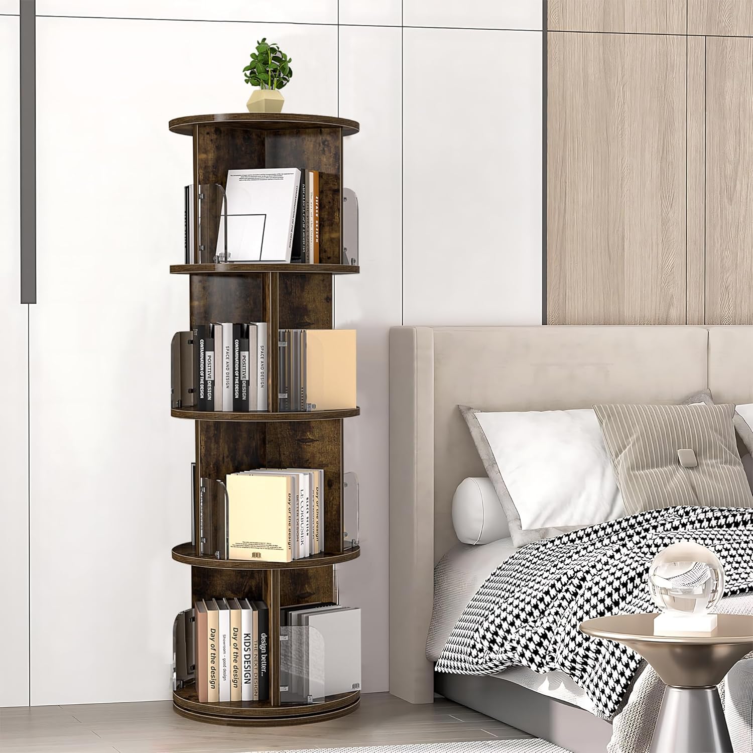 VECELO 4 Tier Revolving Bookshelf Tower, 360° Display Floor Standing Storage Rack with Acrylic Visible Window Partition for Bedroom, Living Room Home and Office, Brown