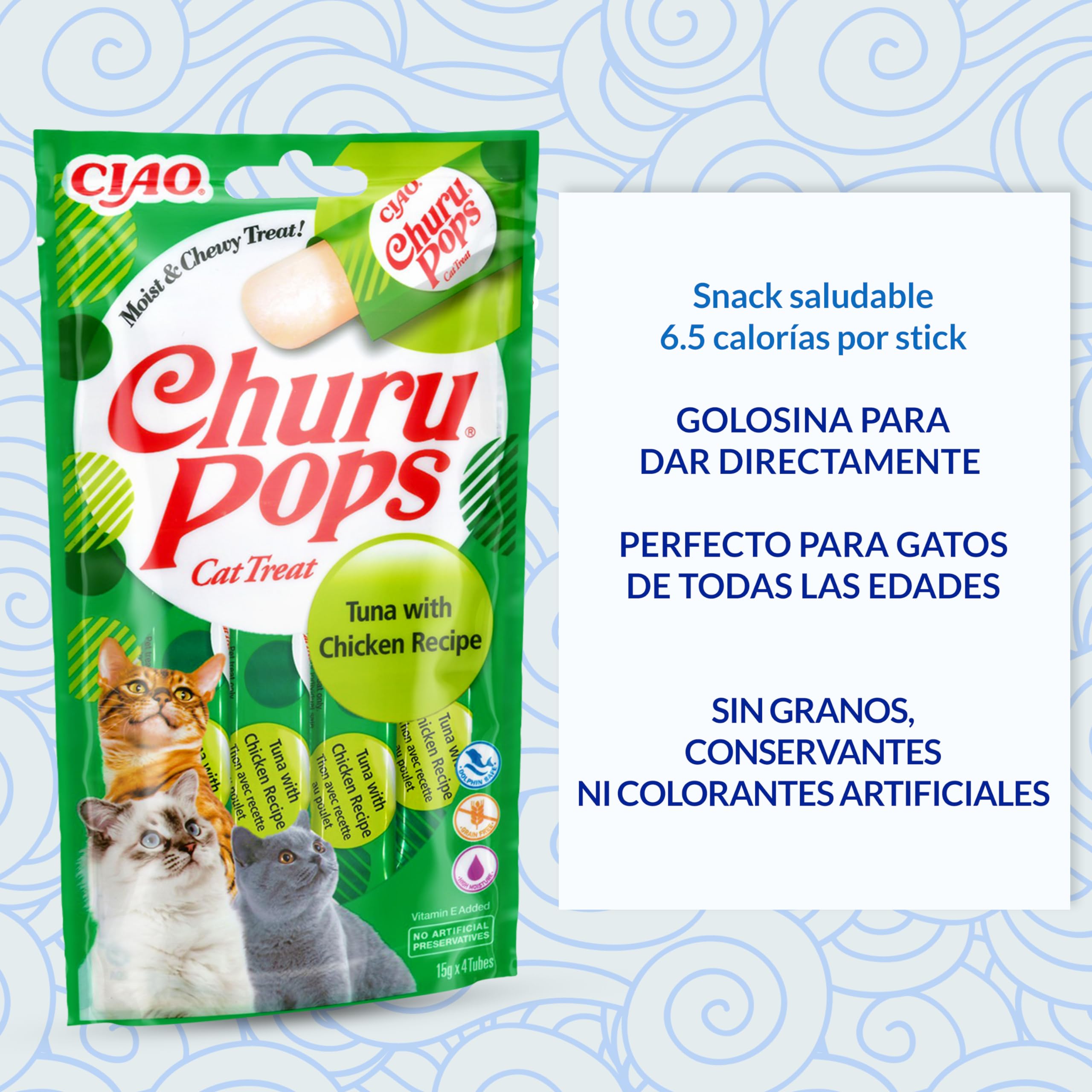 INABA Churu Pops przysmaki dla kotów, zdrowe przekąski, naturalne składniki z tuńczykiem i kurczakiem, 60 g (12 szt.), przekąski dla kotów w jakości premium