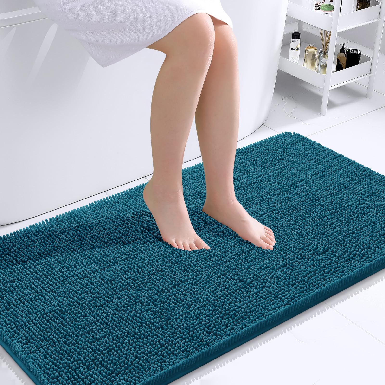 OLANLY Bathroom Runner Rugs 40x24, Extra Soft Absorbent Chenille Bath Rugs | Peacock Blue, Quick-Drying Rubber Backing, Washable Long Bath Mat for Bathroom Floor, Tub and Shower, Home Decor Accessories