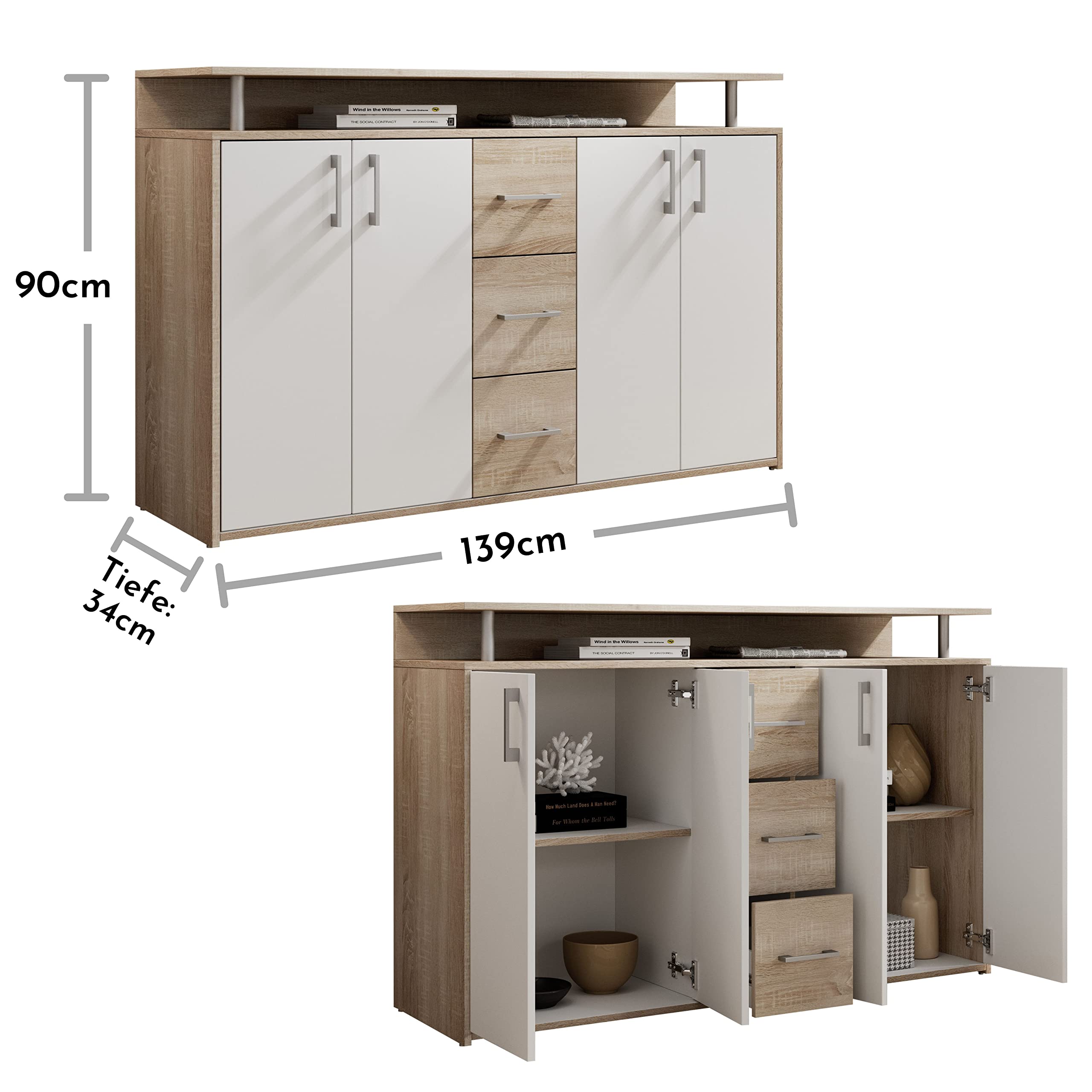 DRIFT Sideboard mit Ablage in Eiche Sonoma Optik, Weiß - Moderne Kommode mit Schubladen und viel Stauraum für Ihren Wohnbereich - 139 x 90 x 34 cm (B/H/T) | 139 x 90 x 34 cm (B/H/T), 3 Schubladen, Türen mit Stauraum, offenes Fach, für Wohnzimmer, Schlafzi