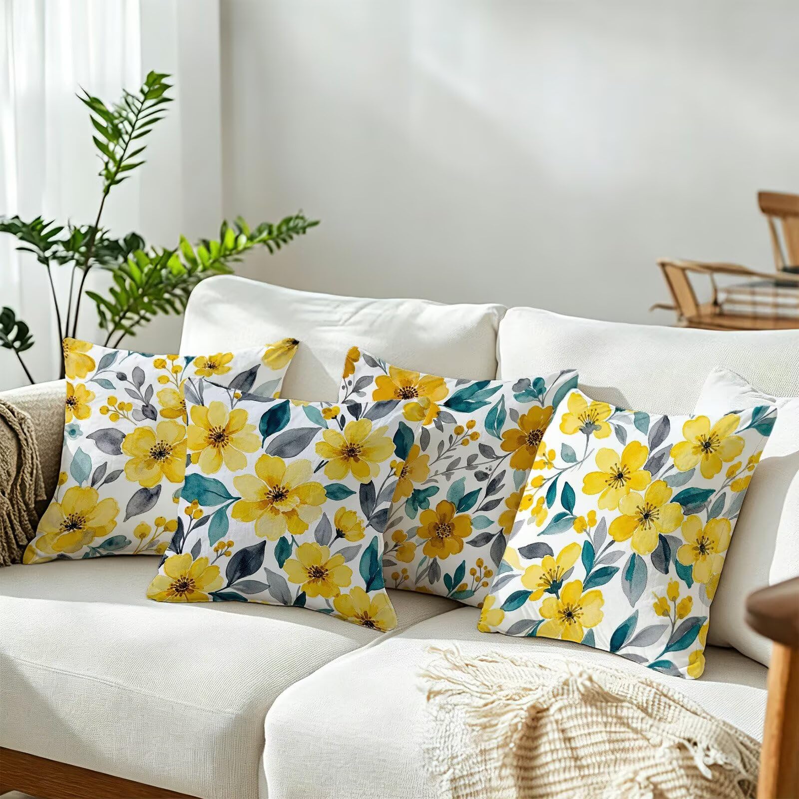 Giallo Federe Cuscini Divano 50x50cm, Cuscini da Esterno Set de 4, Cod-168 | Lin Copricuscini Decorativi Letto Arredo, per Letto, Soggiorno, Giardino, Esterno, Casa Decorazione Set di 4 Pianta