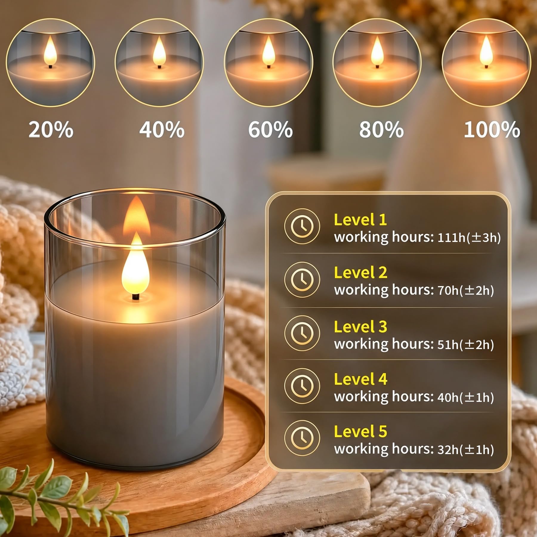 Bougies LED Rechargeable,Lot De 3 Verre Gris Bougies LED Sans Flamme avec télécommande et minuterie(10/12.5/15cm),Bougies Décoratives pour Fête, Anniversaire,Mariage