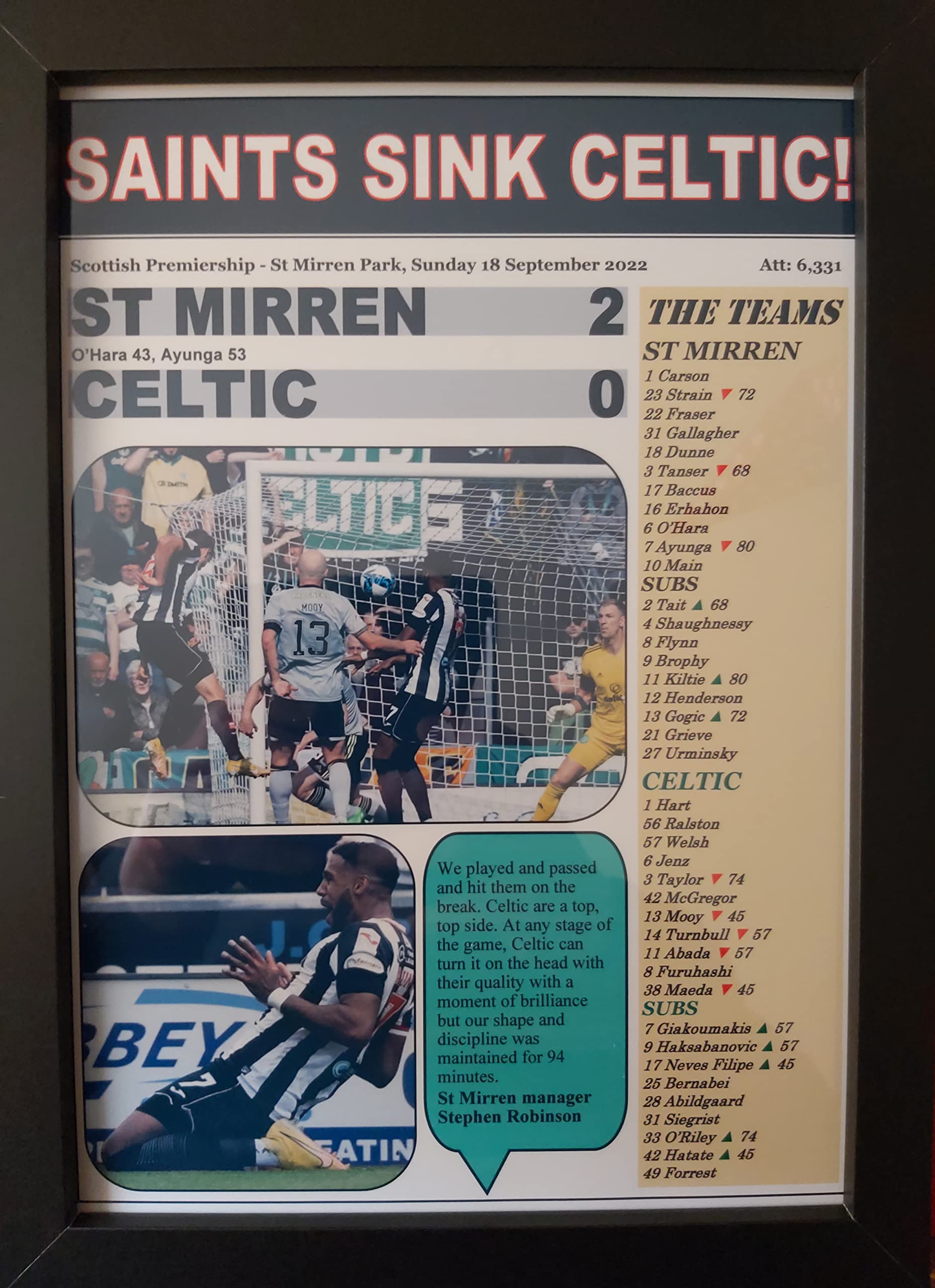 Assorted Multicoloured St Mirren 2 Celtic 0-2022 Scottish Premiership - Framed Print