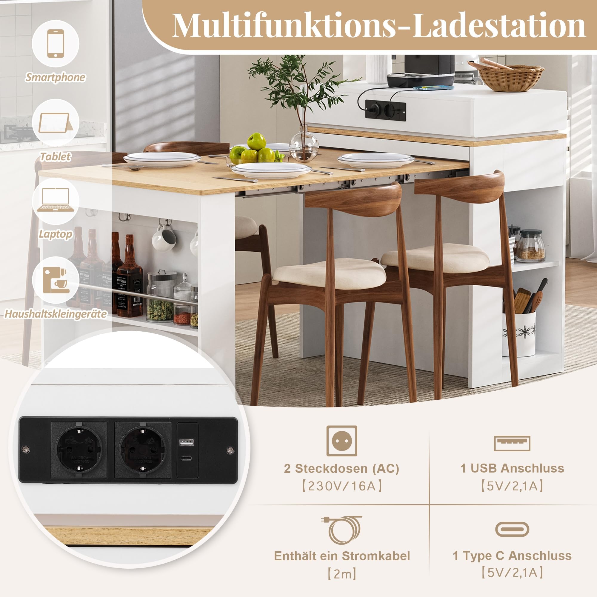 Modernes Kücheninsel mit Rollen, Ausziehbarer Esstisch mit Steckdosenleisten und Haken, als Kücheninsel, Sideboard oder Bartisch für Küche und Esszimmer, Weiß Holzoptik,J