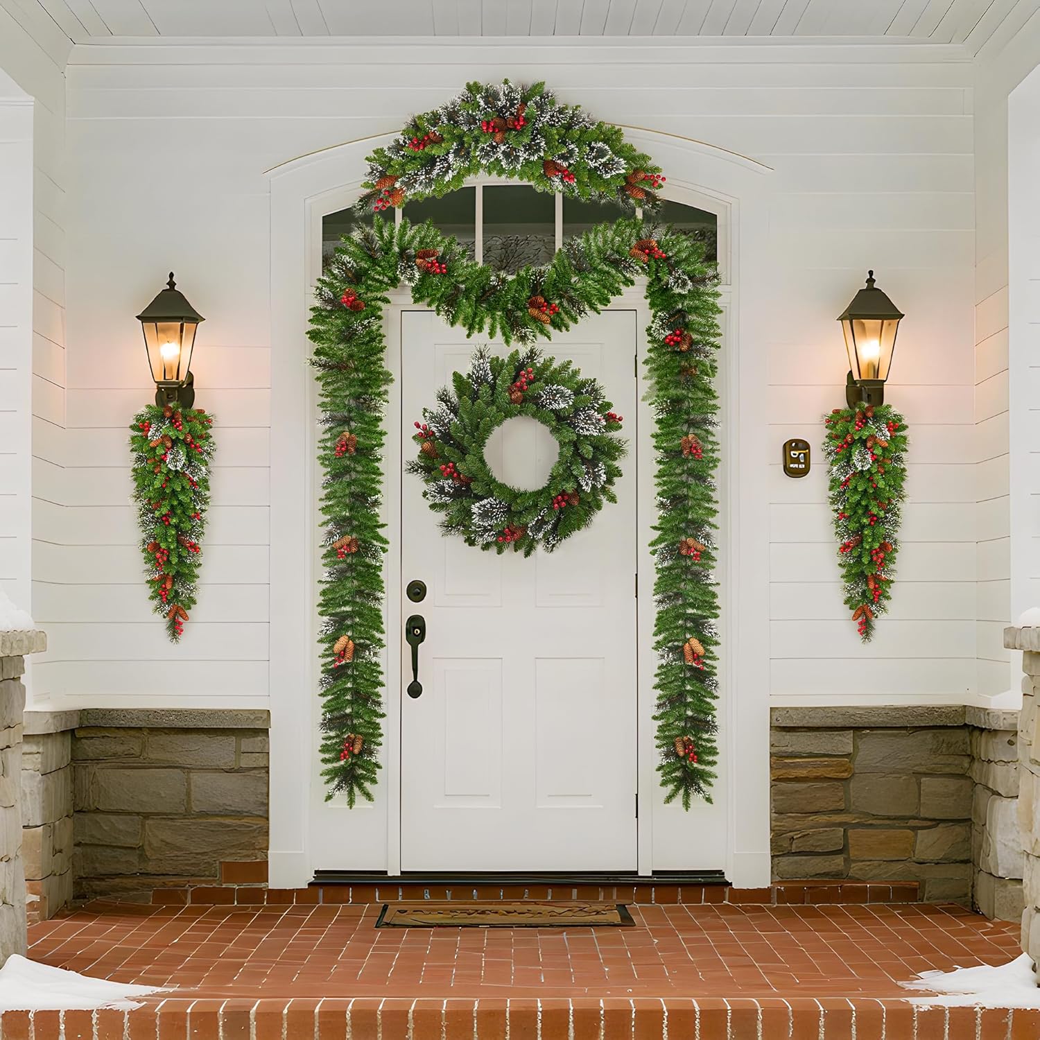 Christmas Wreath Set of 6 – Complete Pre-Lit LED Outdoor & Indoor Holiday Decor Kit with Warm White Battery-Operated Lights, Flame Retardant PVC, for Front Door, Garage Door, and More
