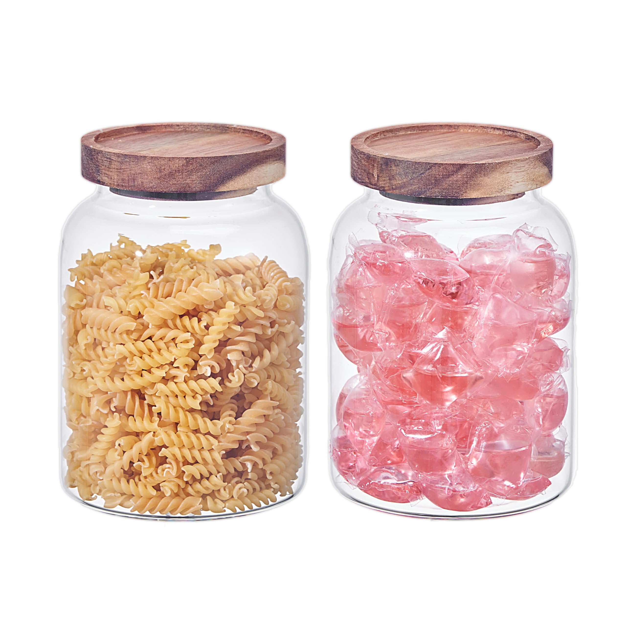 Large Glass Storage Jar with Airtight Acacia Lid - Large Food Storage Container for Kitchen Pantry Organization - Clear Glass Canister Set for Pasta, Rice, Flour, Cereal, Oats, Coffee Beans (2, 1.3L)